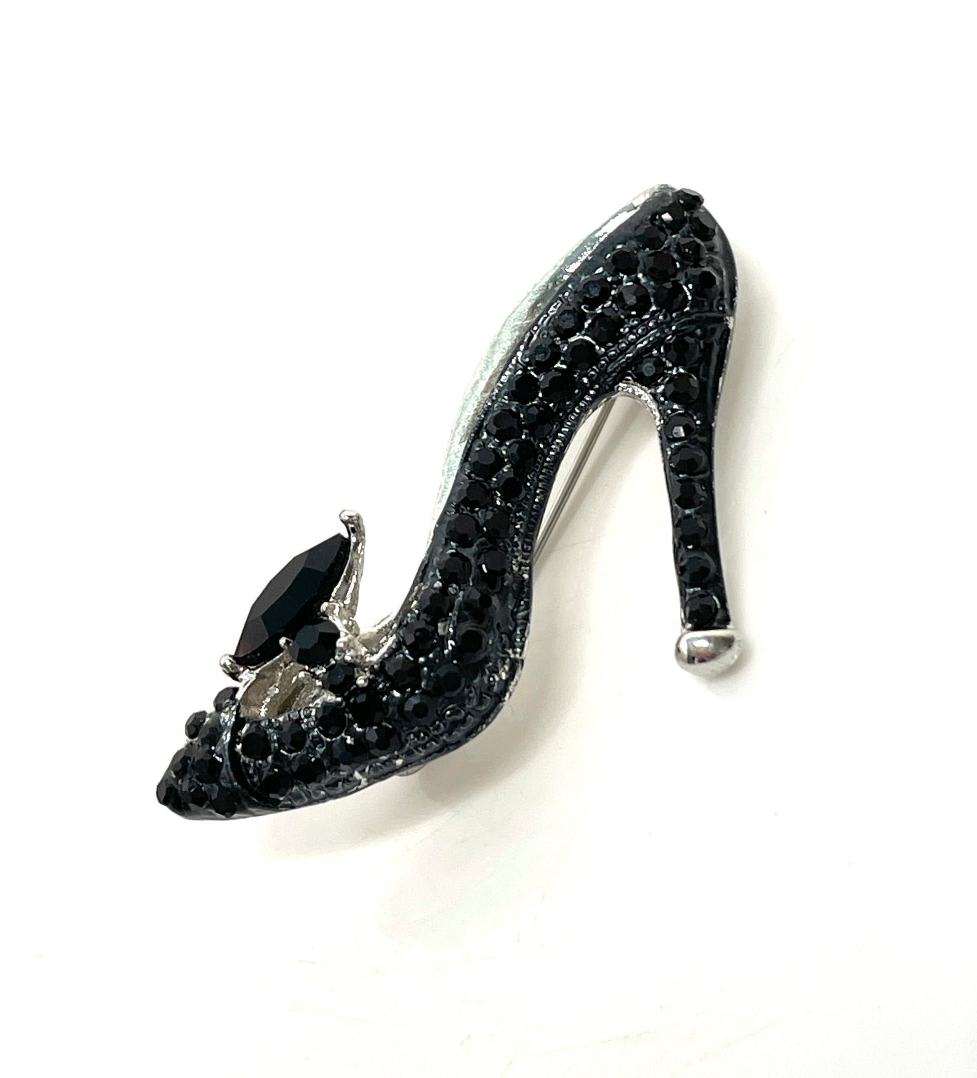 Beautiful Black Stiletto Shoe Brooch | Sparkly Black Crystal Shoe Pin