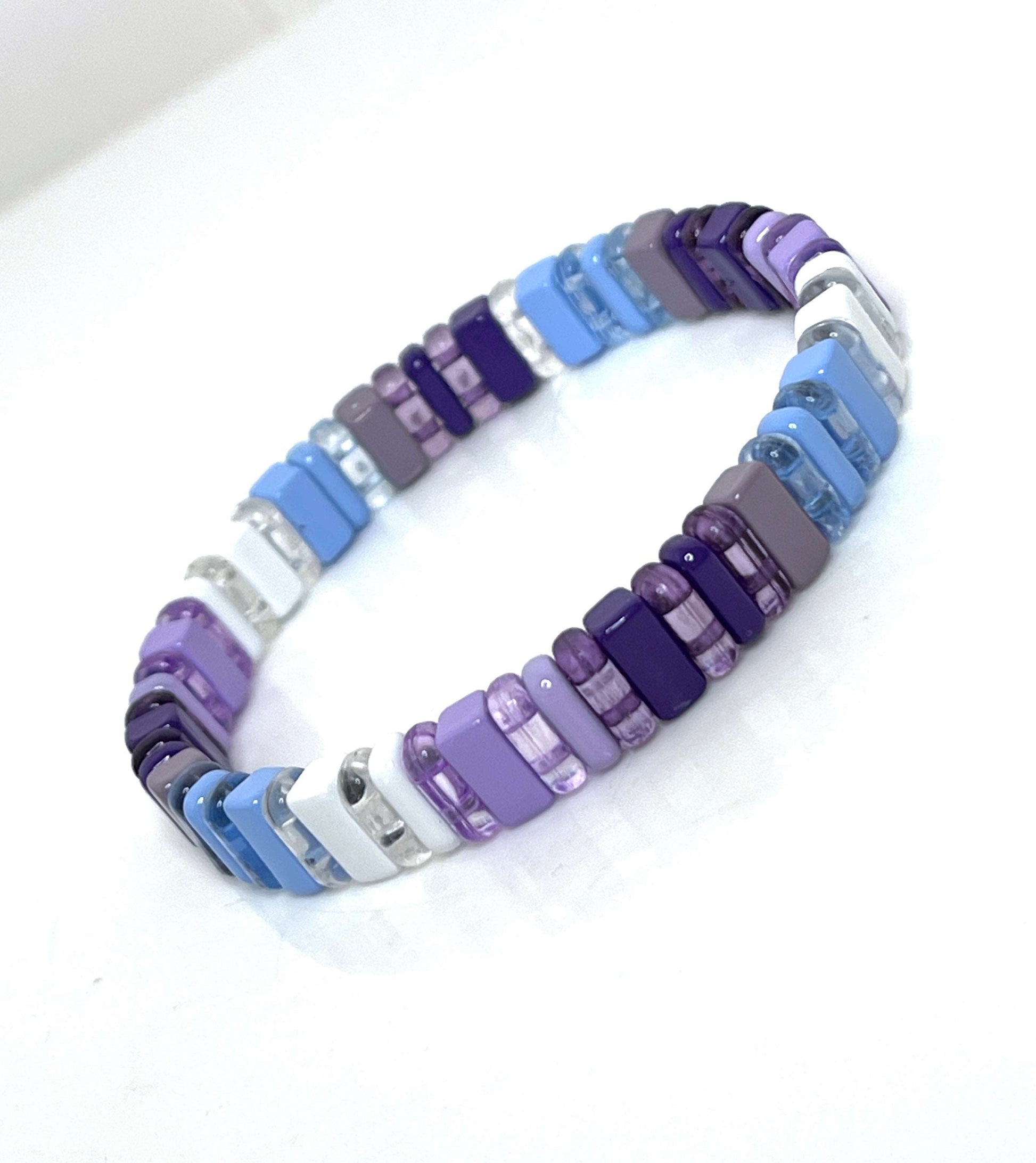 Tile Beaded Bracelets | Set of 3 | Purple and Silver | Japanese Bead Stretch Bracelet