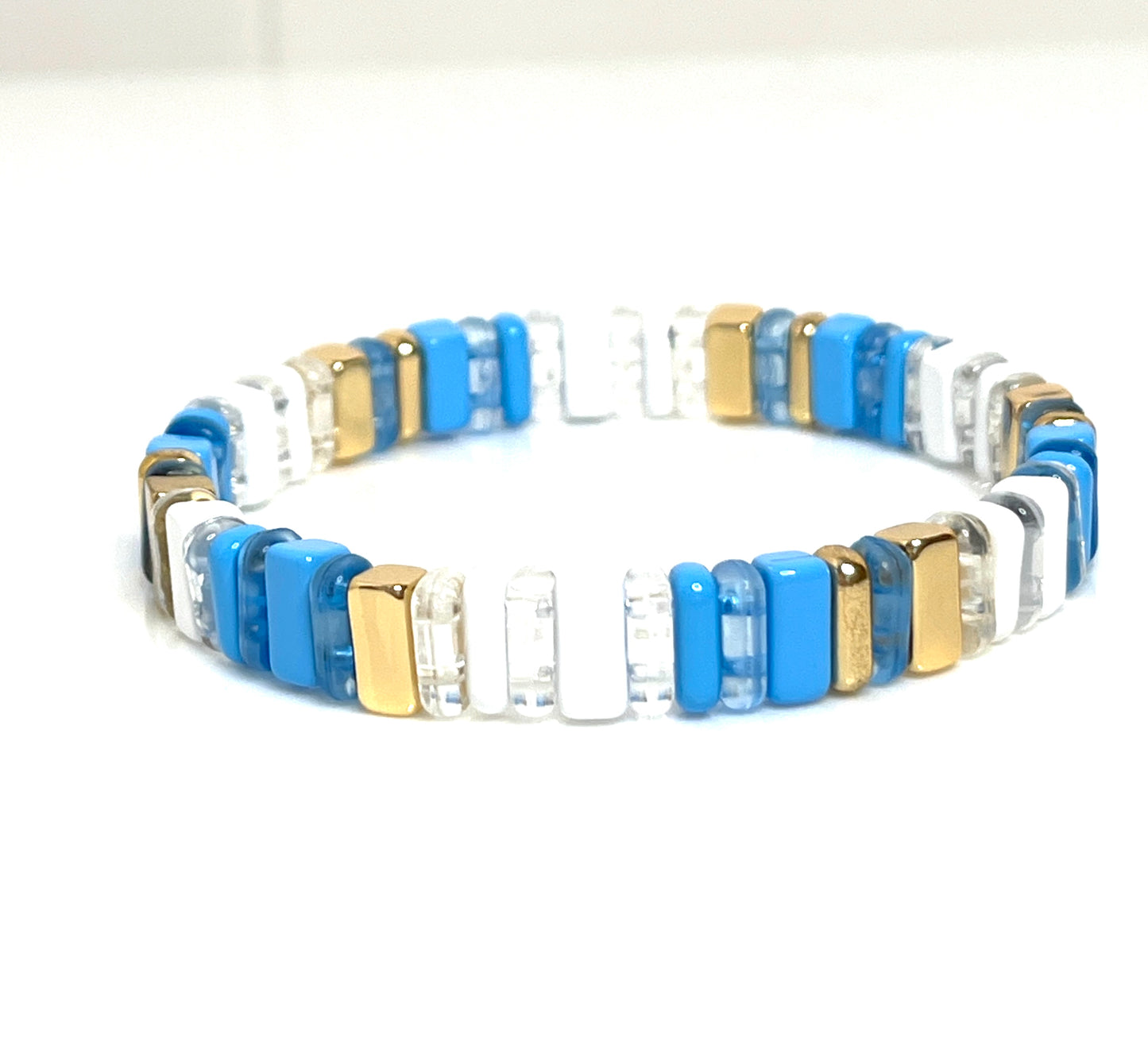 Blue Tila Beaded Bracelet | Blue Multicolour Japanese Bead Stretch Bracelet