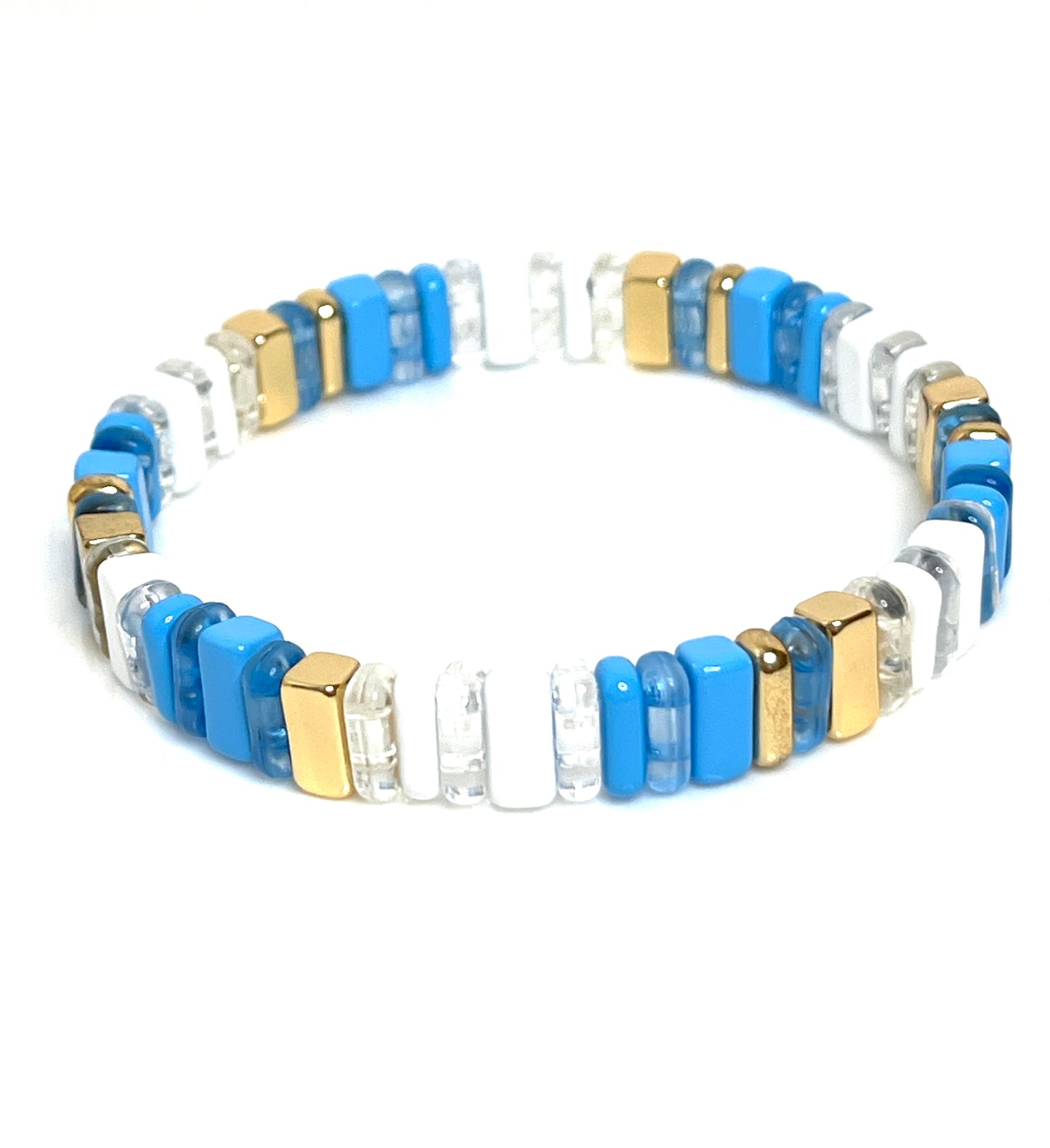 Blue Tila Beaded Bracelet | Blue Multicolour Japanese Bead Stretch Bracelet