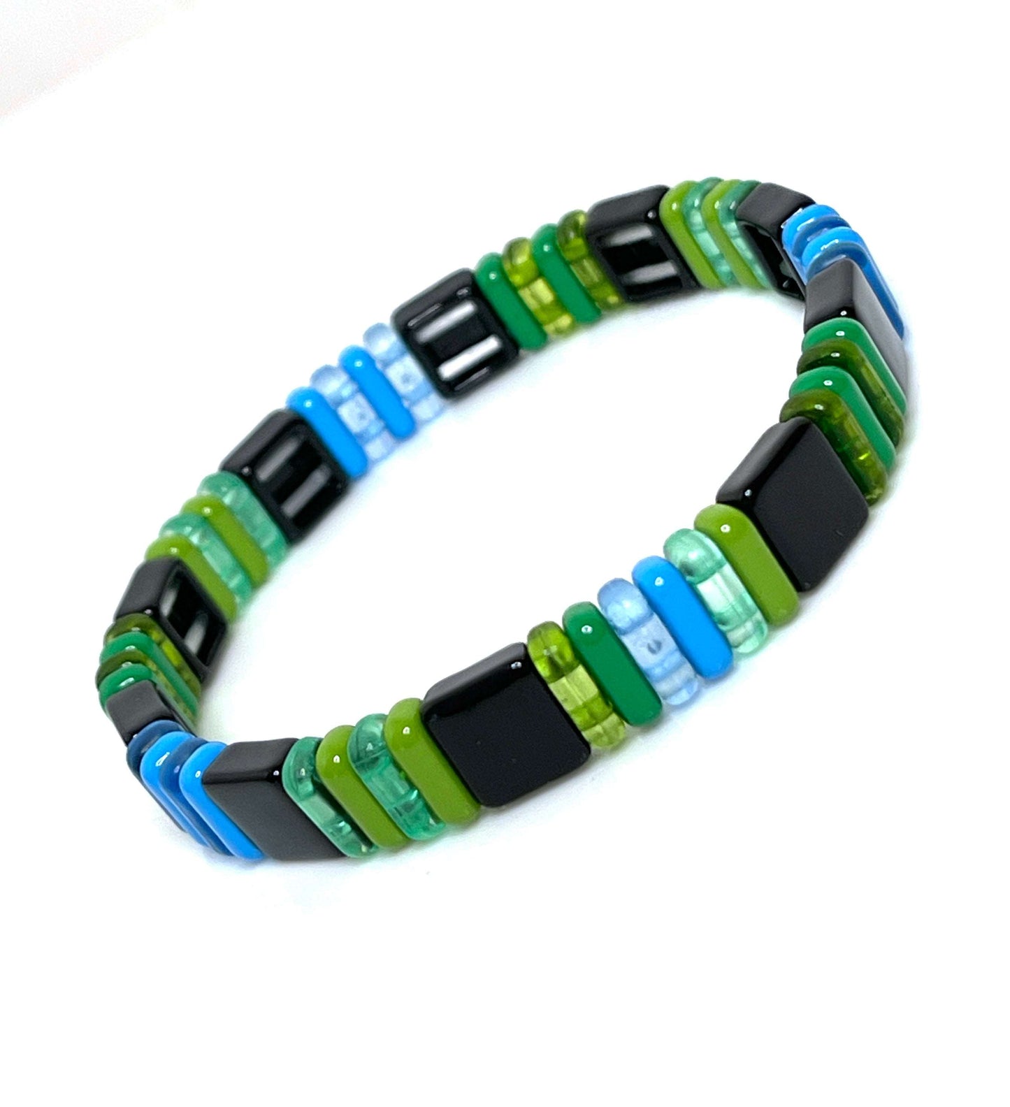 Tile Beaded Bracelets | Set of 3 | Green and Yellow | Japanese Bead Stretch Bracelet