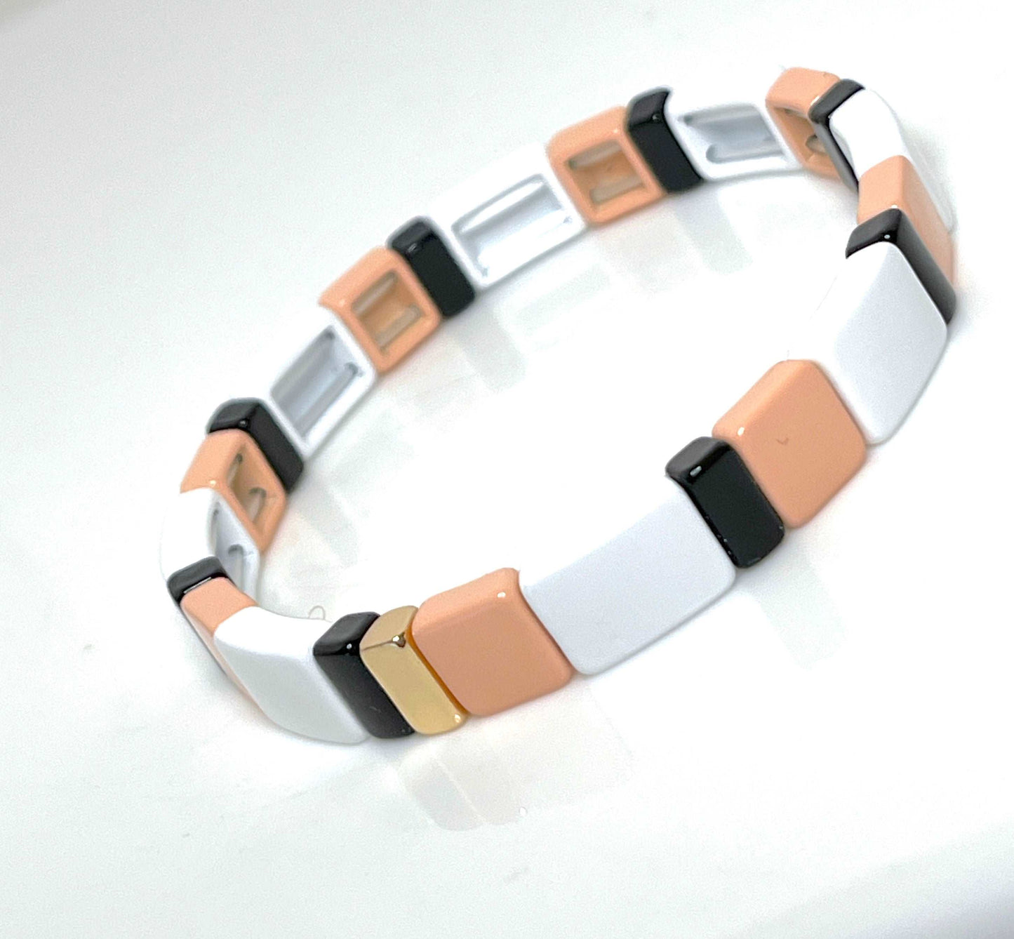 Tile Beaded Bracelets | Set of 3 | Gold and Cream | Japanese Bead Stretch Bracelet