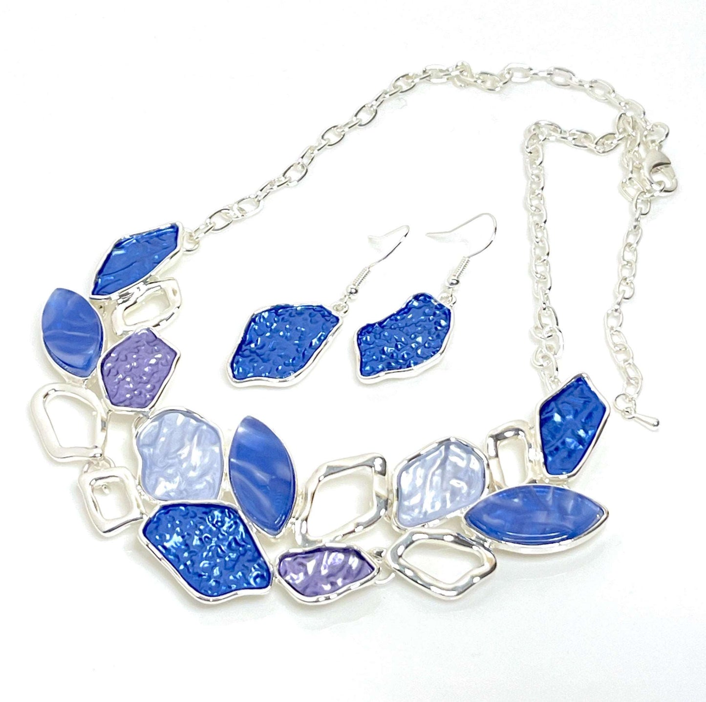 Blue Ombre with Silver Geometric Necklace Set | Modern Style Jewellery