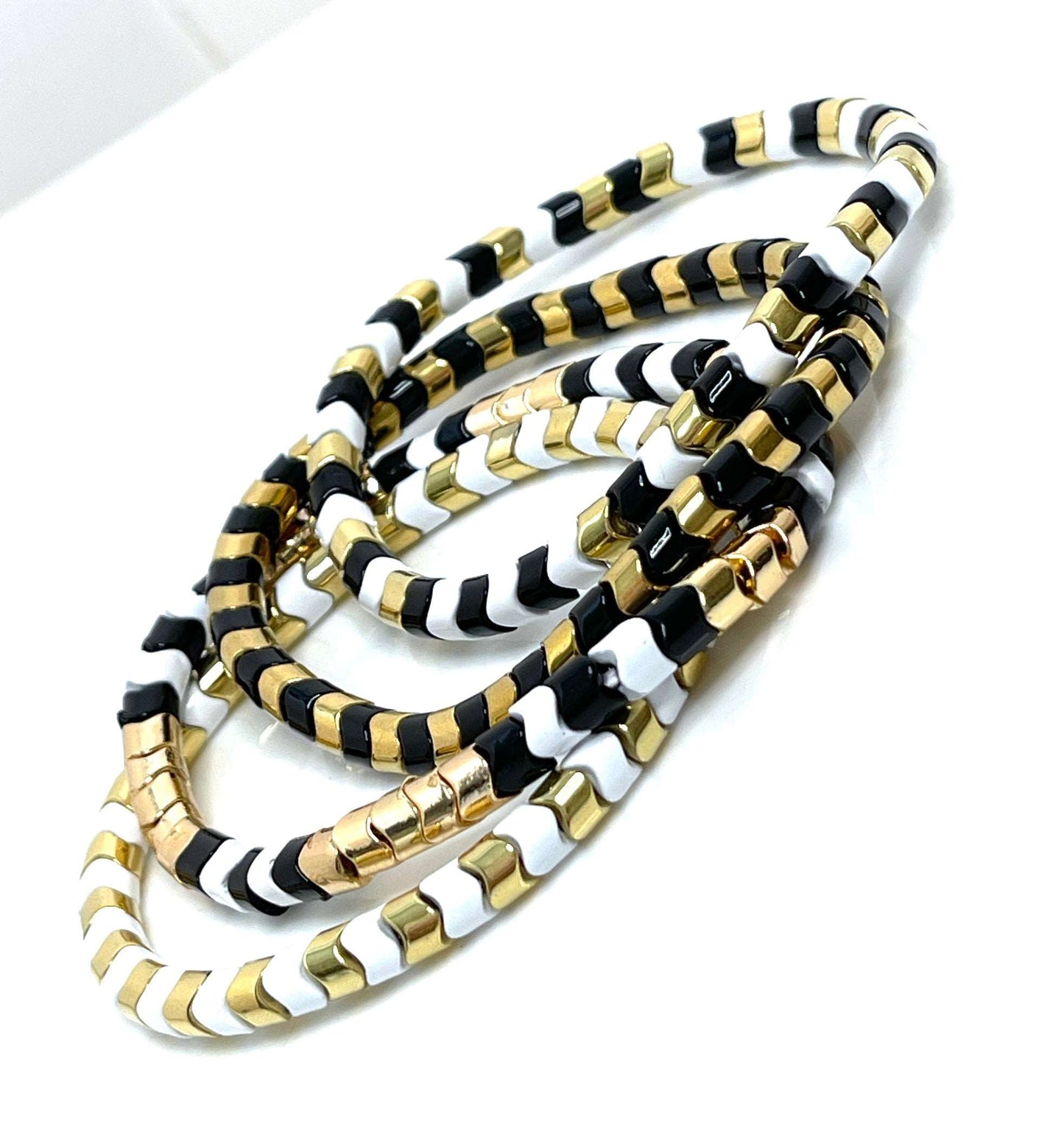Black Gold White Tila Bracelets | Set of 4 | Multicolour Japanese Beads | Stretch Bracelet