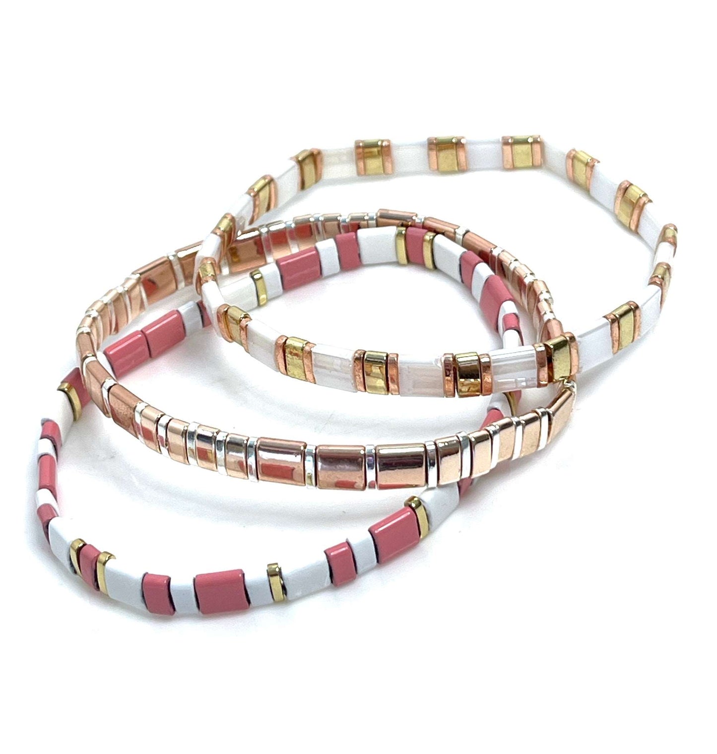 Set of 3 Japanese Tila Bracelets | Pink Rose Gold White | Stretch Tila Bracelets