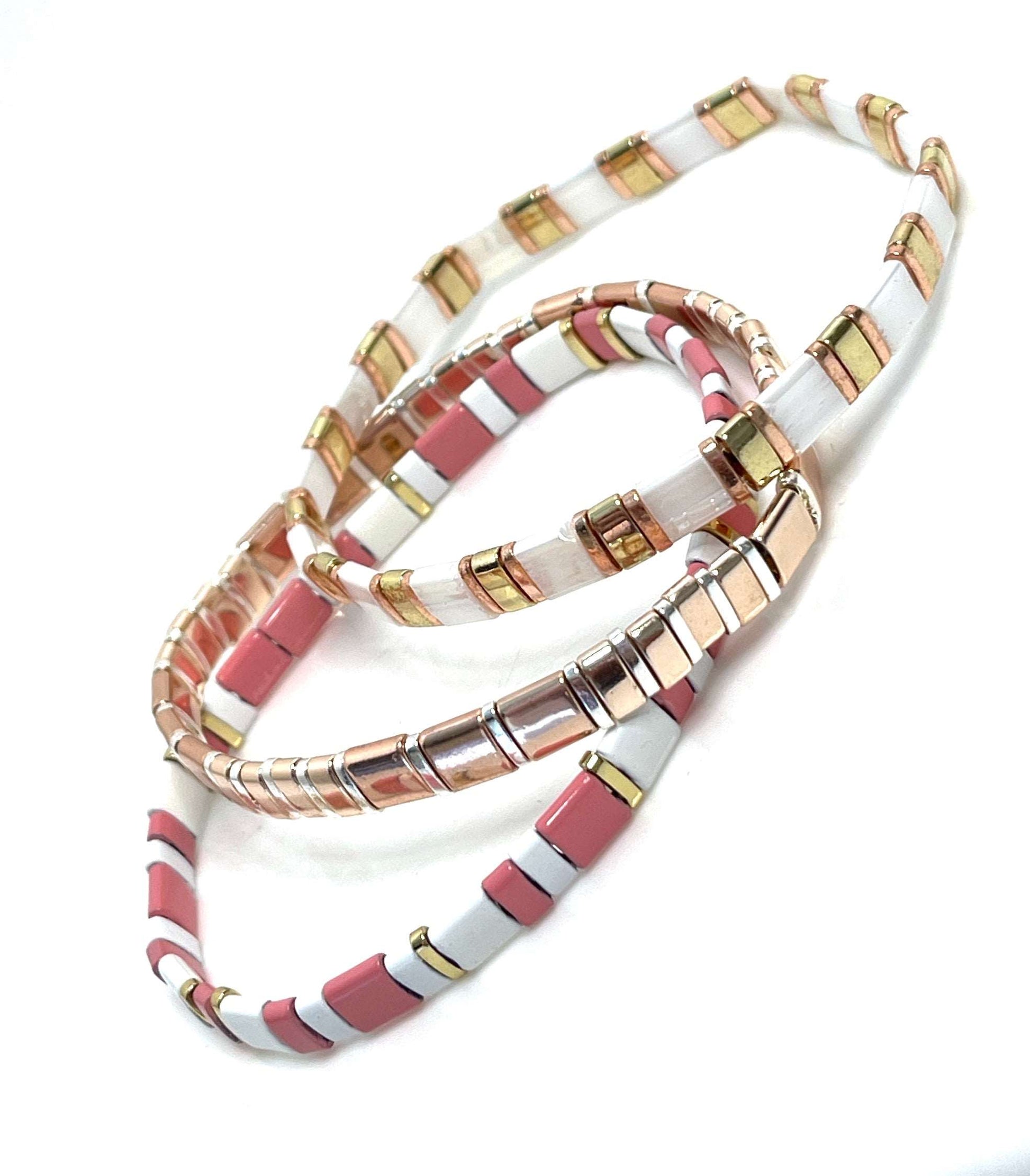Set of 3 Japanese Tila Bracelets | Pink Rose Gold White | Stretch Tila Bracelets