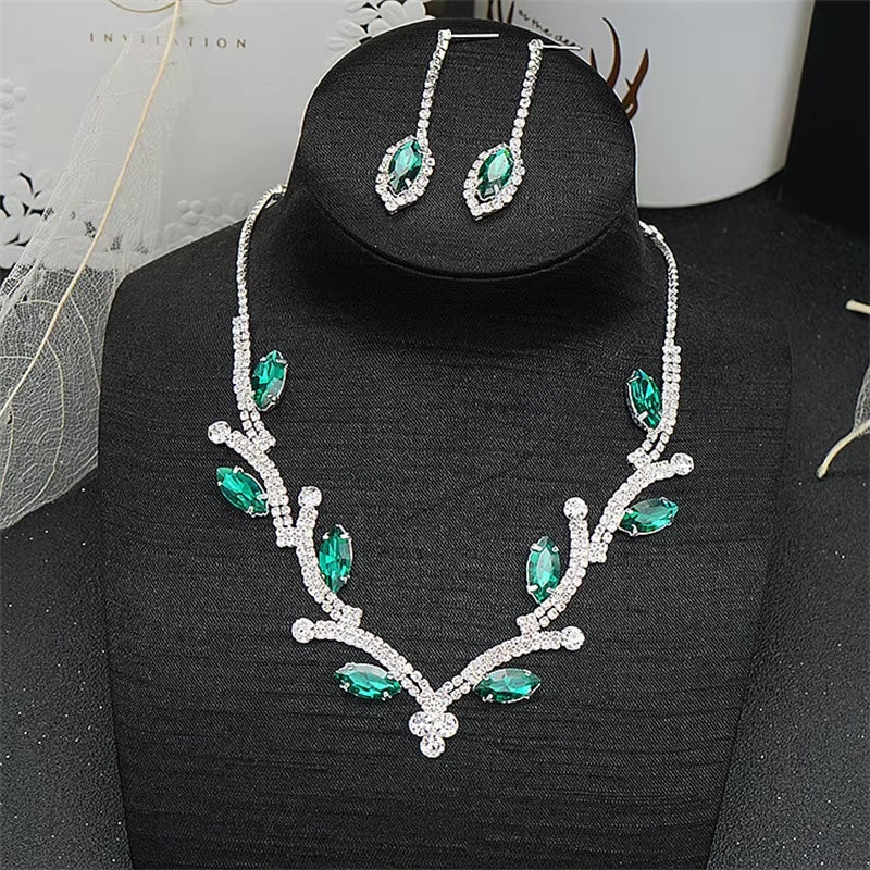 Emerald Green Clear Crystal Necklace and Earrings Set Wedding