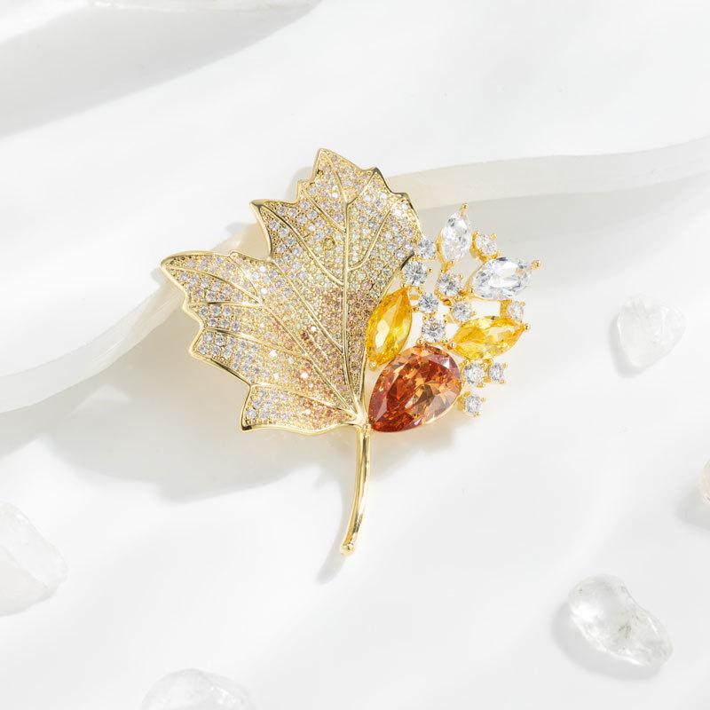 Glittery Gold Maple Leaf Multi Crystal Brooch | Gold Leaf Pin | Scarf Jacket Pin