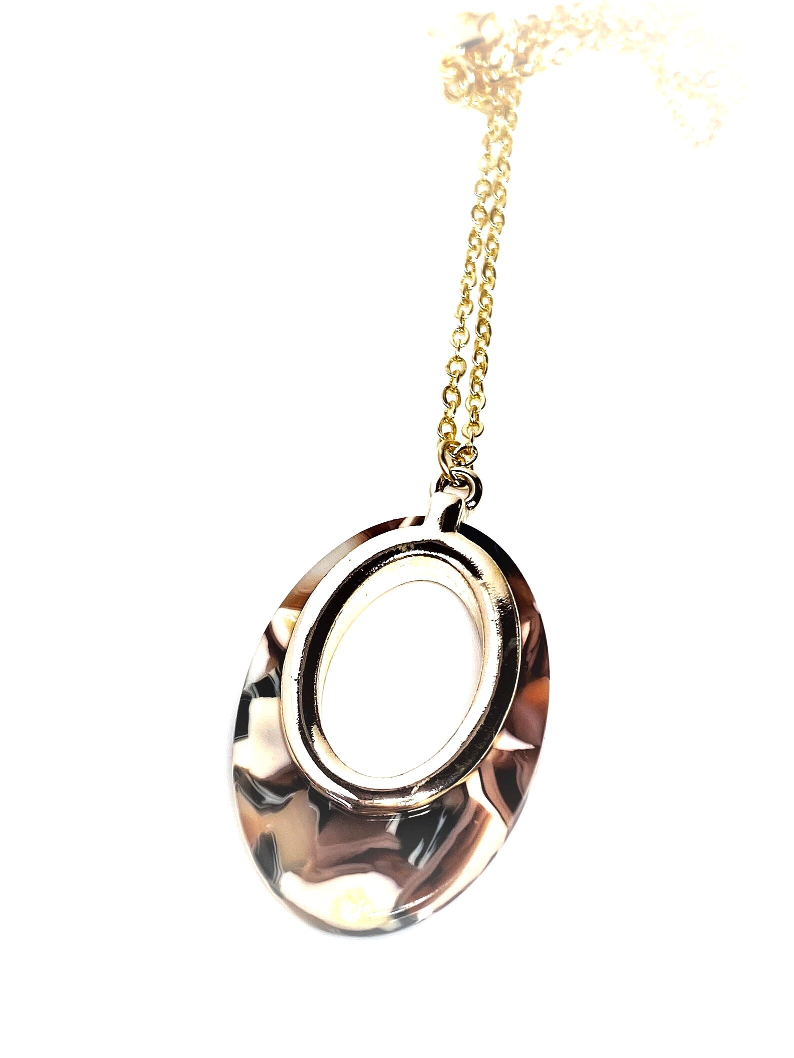 Brown Cream Gold Acrylic Pendant, 14kt Gold Filled, Tortoise Shell Oval Pendant, Women Birthday, Necklaces for Women, Acetate Necklace