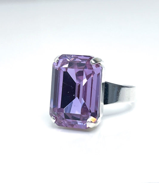 Violet Crystal Ring | Large Purple Ring | Silver Plated | Georgian Collet | Rectangle Statement Ring