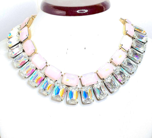 Clear AB Pink Opal Crystal Necklaces | Wedding Jewellery | Statement Crystal Chokers