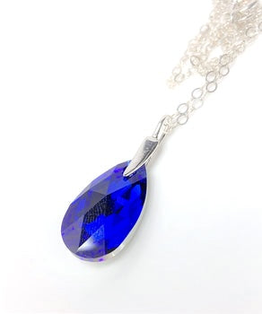 Majestic Blue Austrian Crystal Pendant | Blue Teardrop Necklace | 925 Sterling Silver