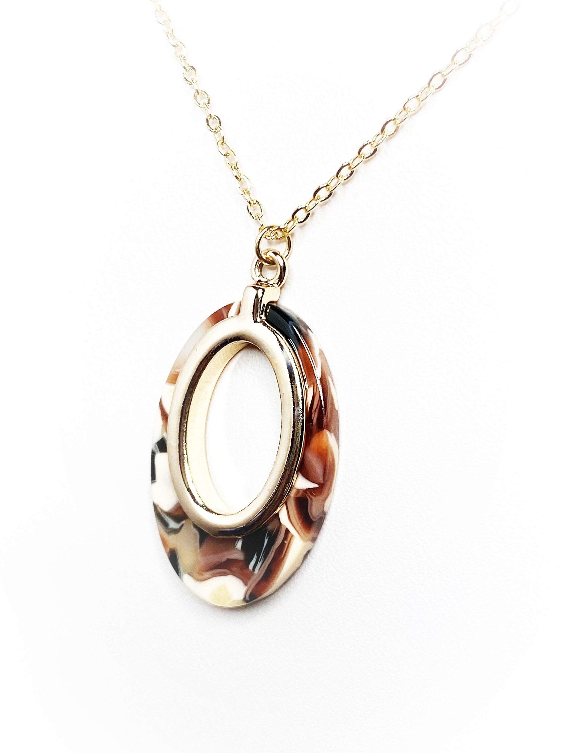 Brown Cream Gold Acrylic Pendant, 14kt Gold Filled, Tortoise Shell Oval Pendant, Women Birthday, Necklaces for Women, Acetate Necklace