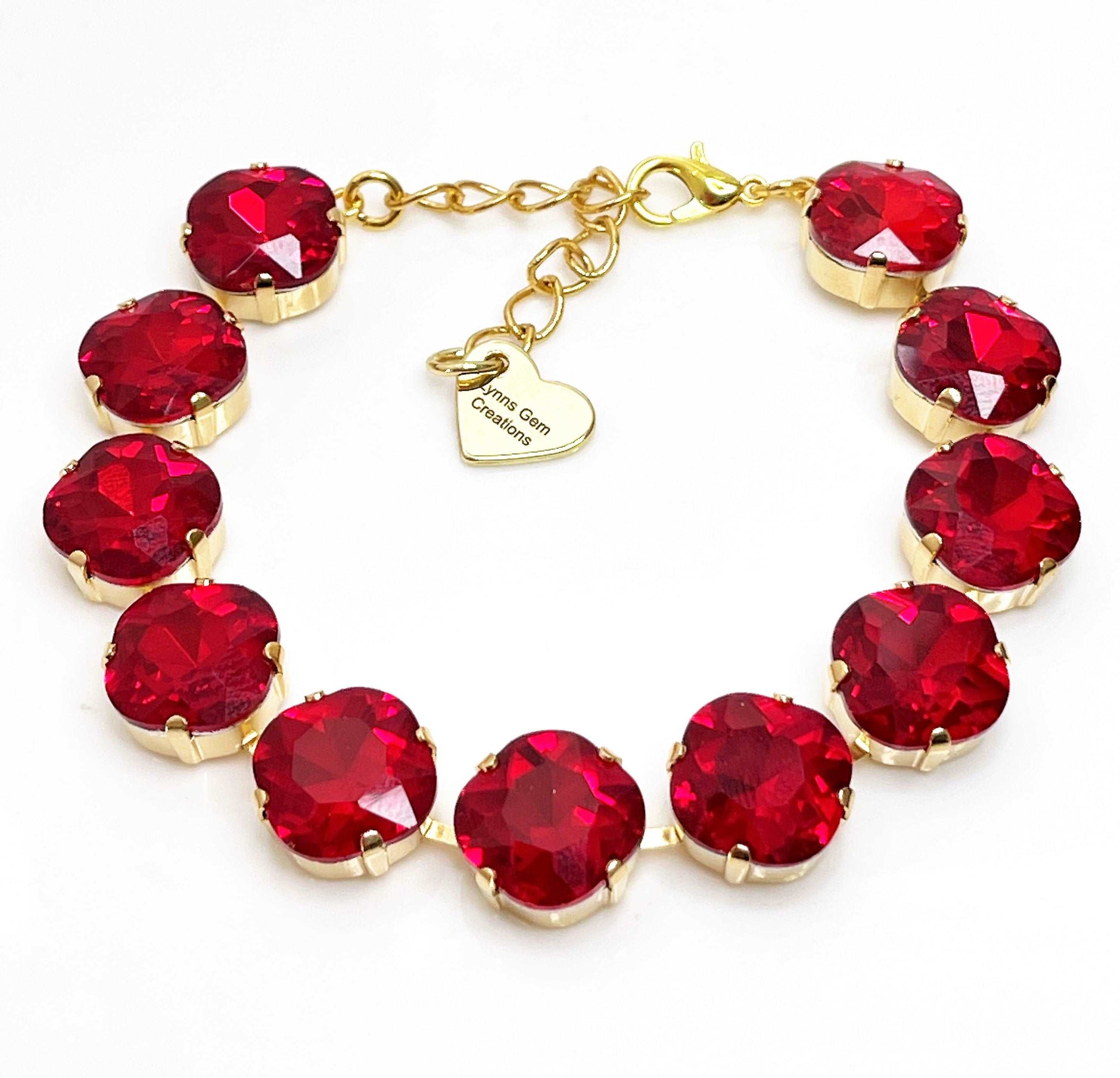 Deep Red Crystal Gold Bracelet | Cushion Cut Tennis Bracelet | Georgian Statement Bracelet
