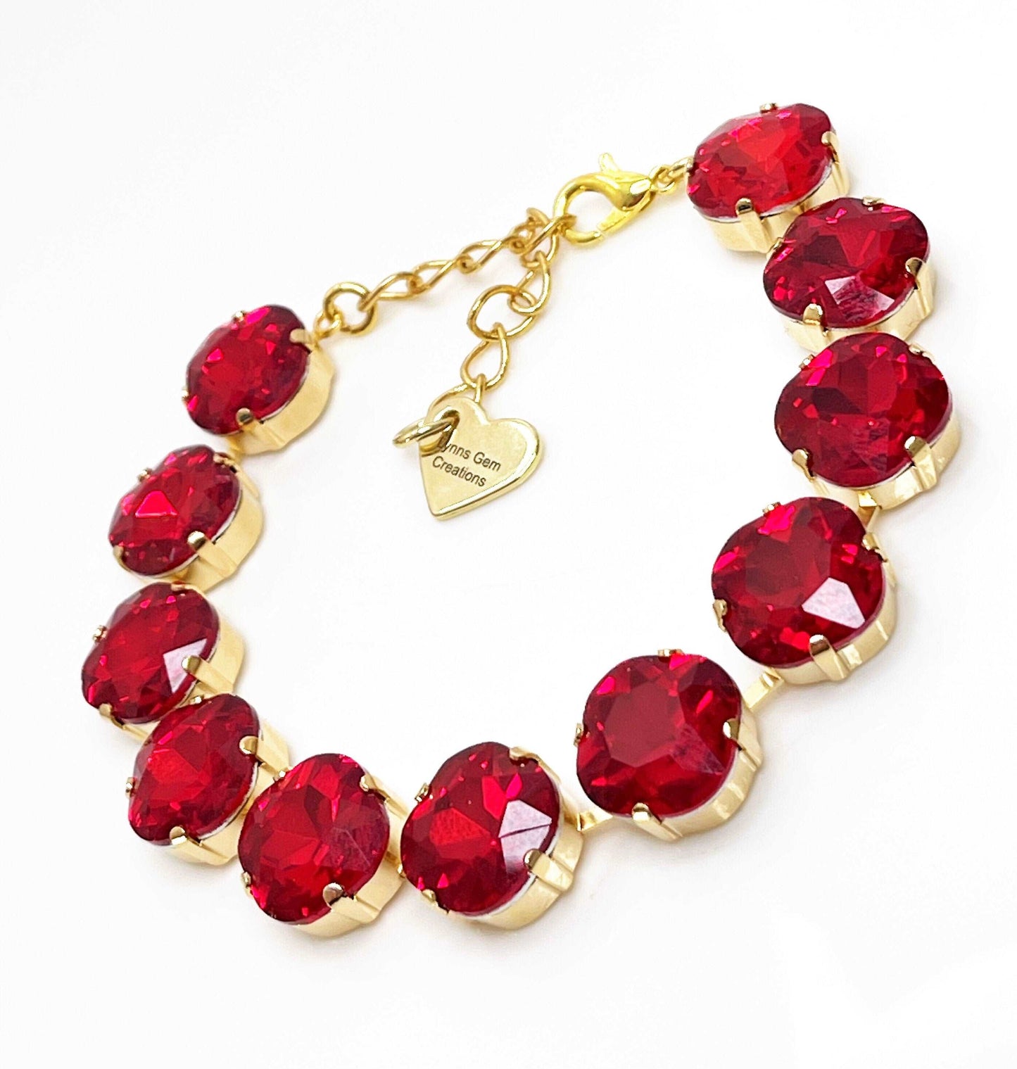 Deep Red Crystal Gold Bracelet | Cushion Cut Tennis Bracelet | Georgian Statement Bracelet