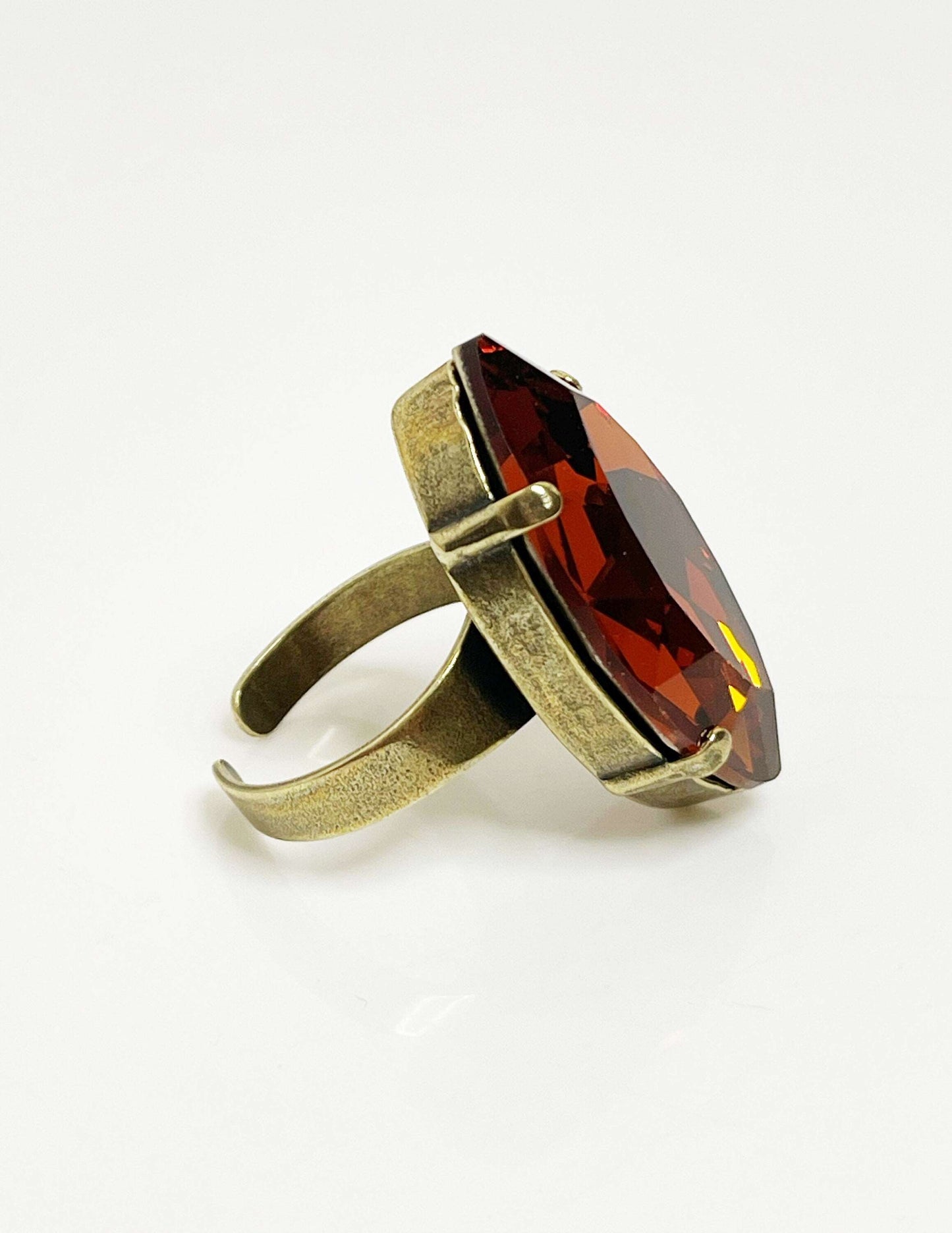 Tangerine Crystal Ring | Large Dark Burnt Orange Statement Ring | Antique Brass