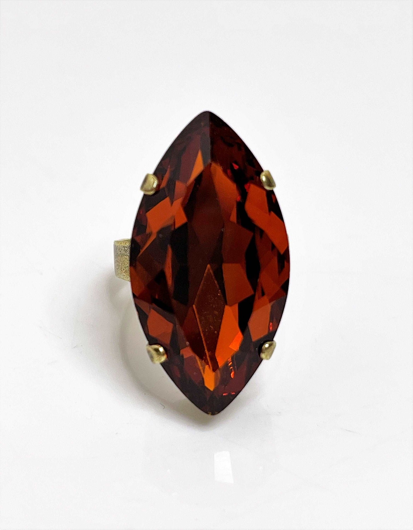 Tangerine Crystal Ring | Large Dark Burnt Orange Statement Ring | Antique Brass