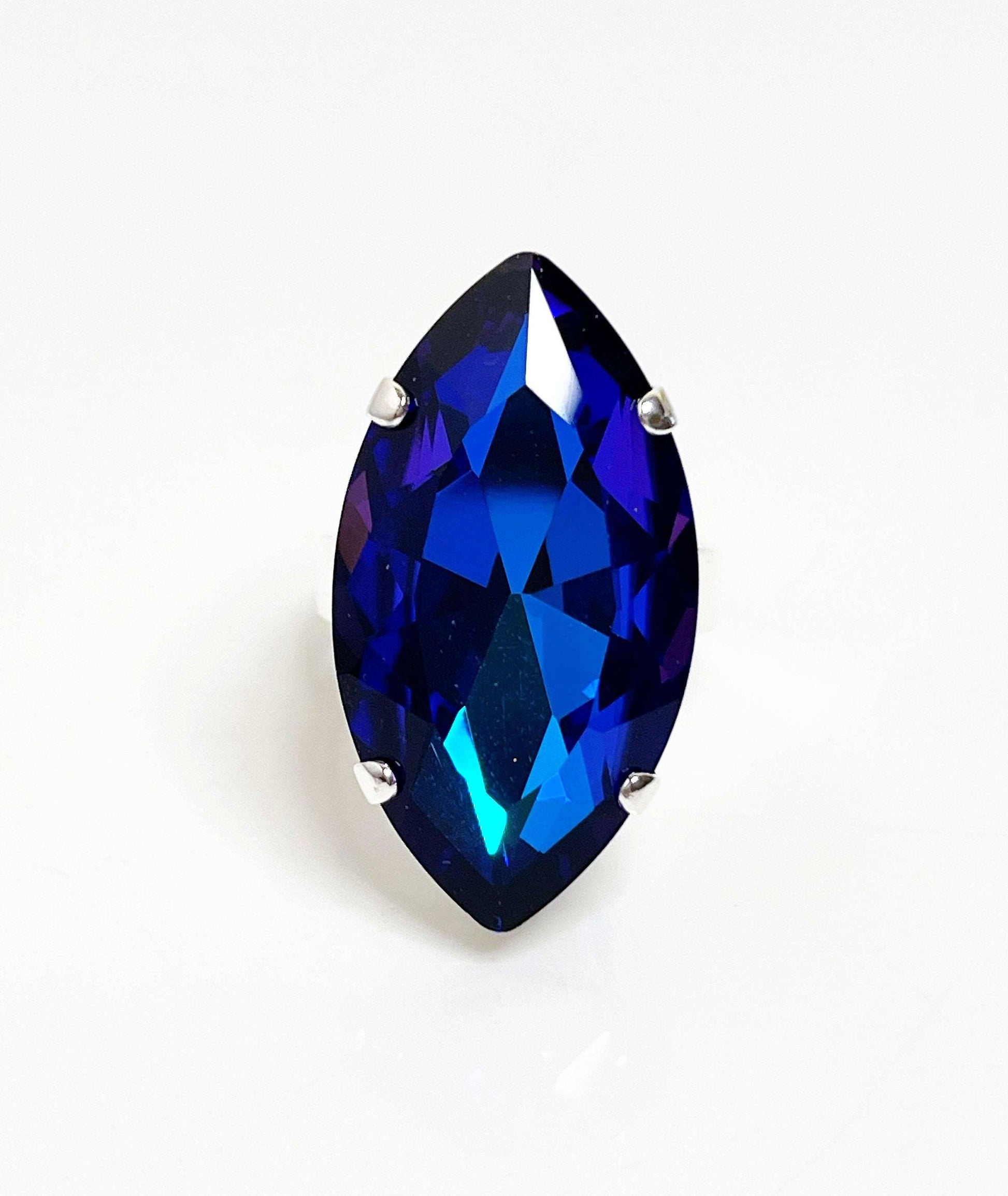 Blue Crystal Ring | Large Statement Ring | Silver Plated | Bermuda Blue Navette