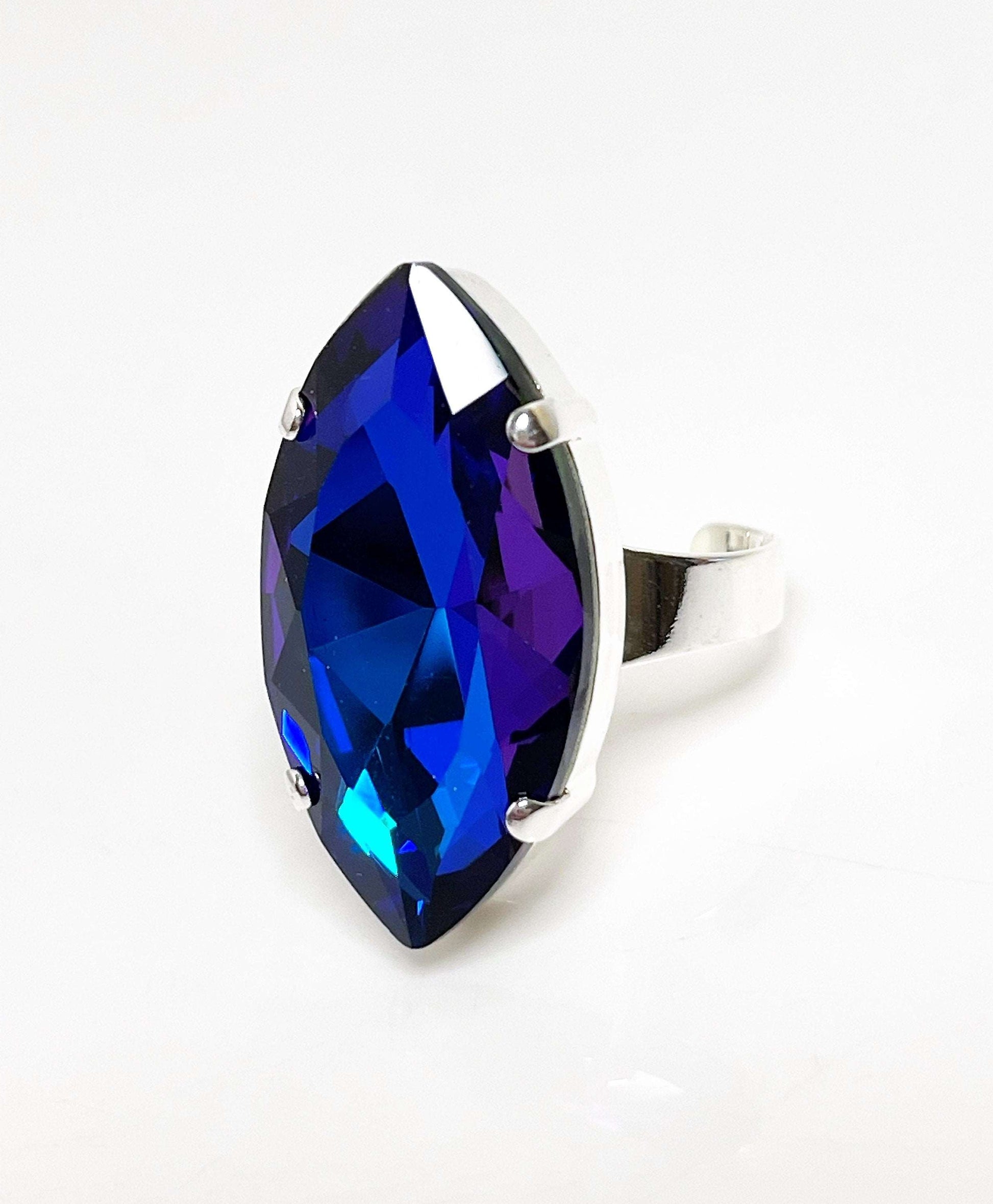 Blue Crystal Ring | Large Statement Ring | Silver Plated | Bermuda Blue Navette