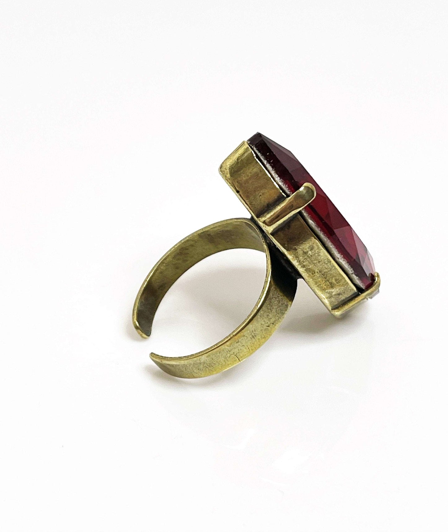 Red Siam Crystal Ring | Large Red Statement Ring | Antique Brass