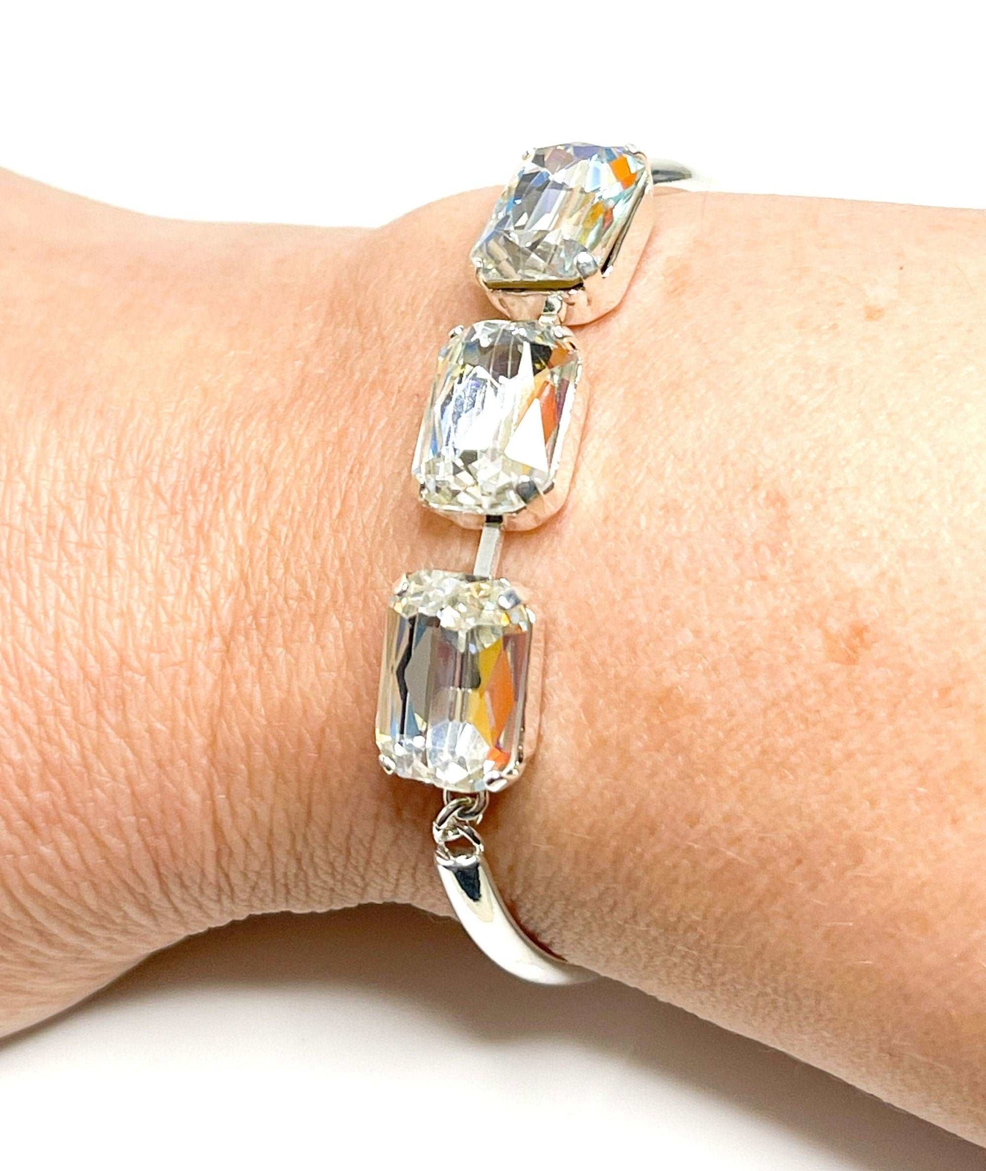 Clear Crystal Bracelet, 14 x 10mm Octagon, 3 Stone Cuff, Clear Stone Bangle Bracelet, Silver Plated, Adjustable, Bracelets for Women