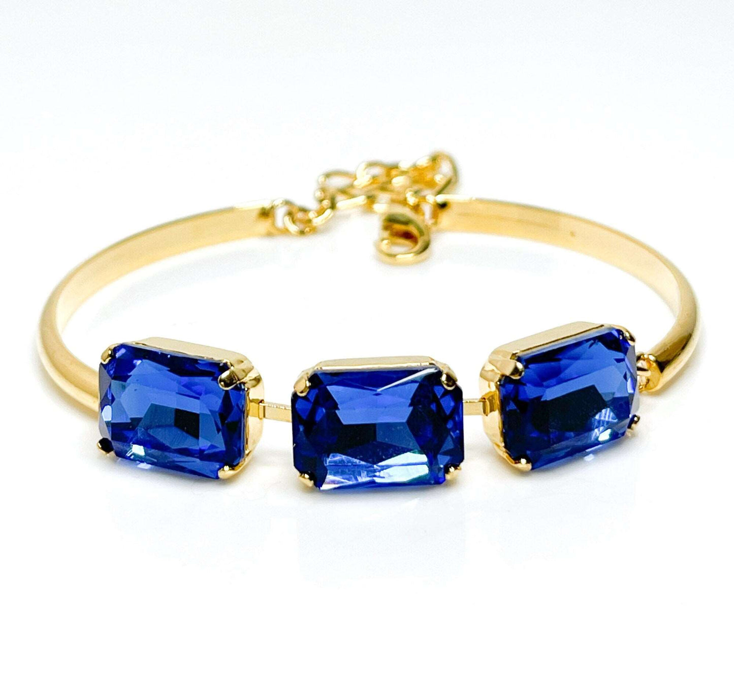 Sapphire Blue Crystal Bracelet, 14 x 10mm Octagon, 3 Stone Cuff, Blue Bangle Bracelet, Gold Plated, Adjustable, Bracelets for Women