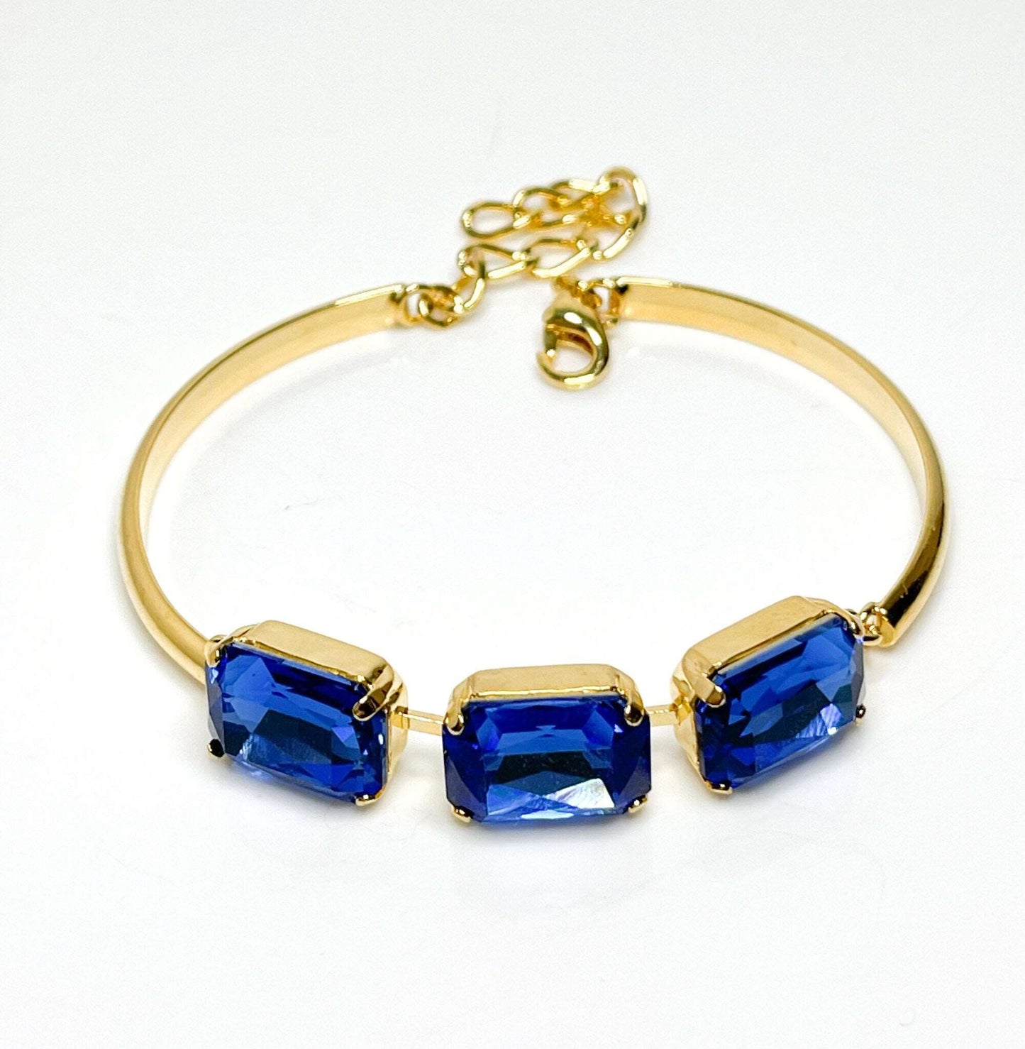 Sapphire Blue Crystal Bracelet, 14 x 10mm Octagon, 3 Stone Cuff, Blue Bangle Bracelet, Gold Plated, Adjustable, Bracelets for Women