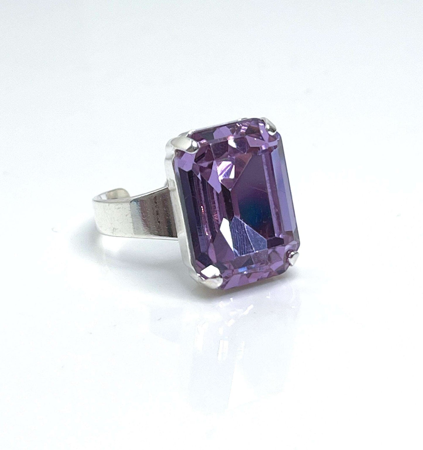 Violet Crystal Ring, Large Purple Ring, Silver Plated, Georgian Collet, Rectangle Statement Rings For Women