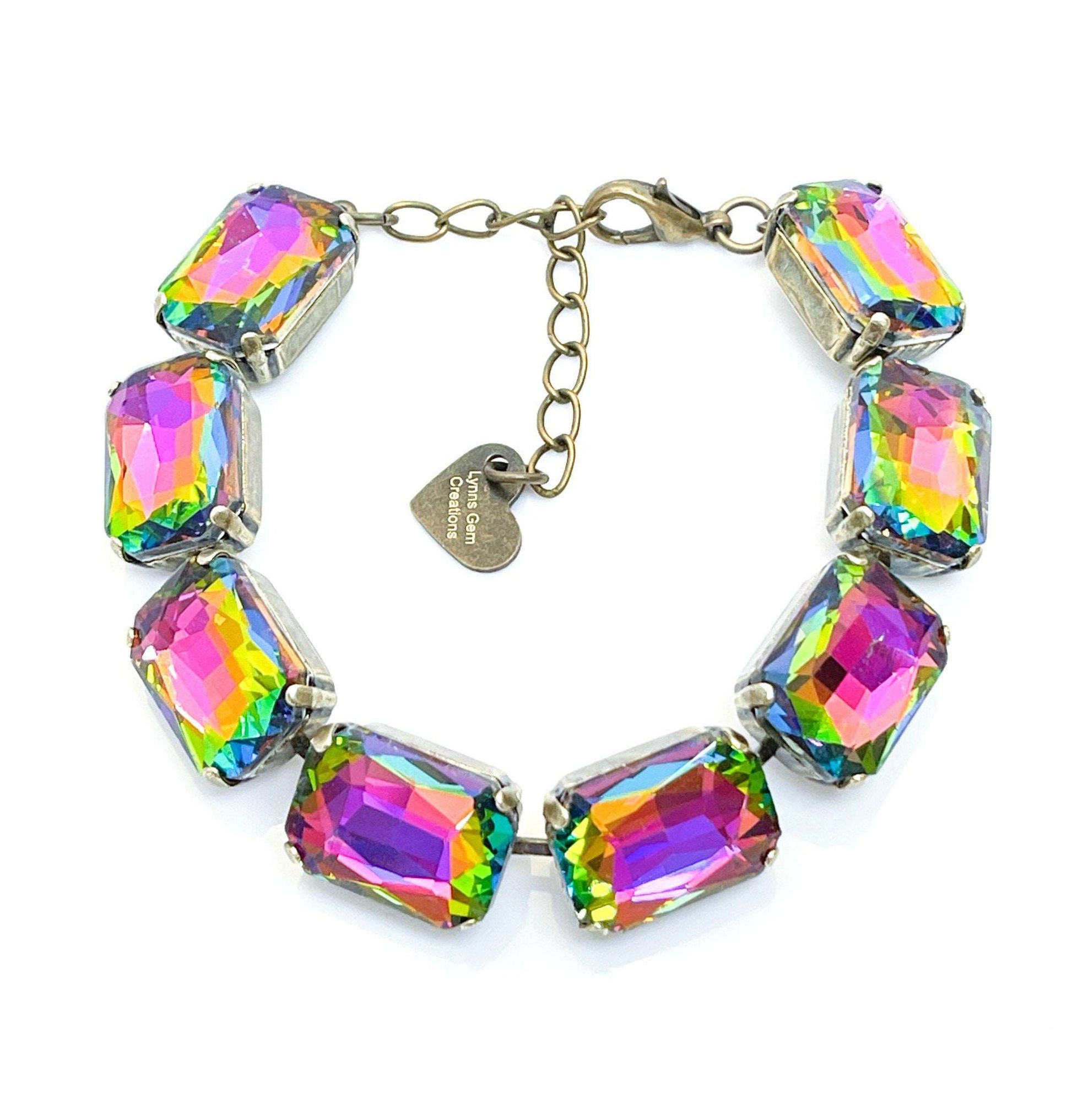 Rainbow Crystal Bracelet, Large Octagon Cuff, Multicolour Jewelry, Statement Jewellery, Georgian Style Bracelet, Bracelets for Women