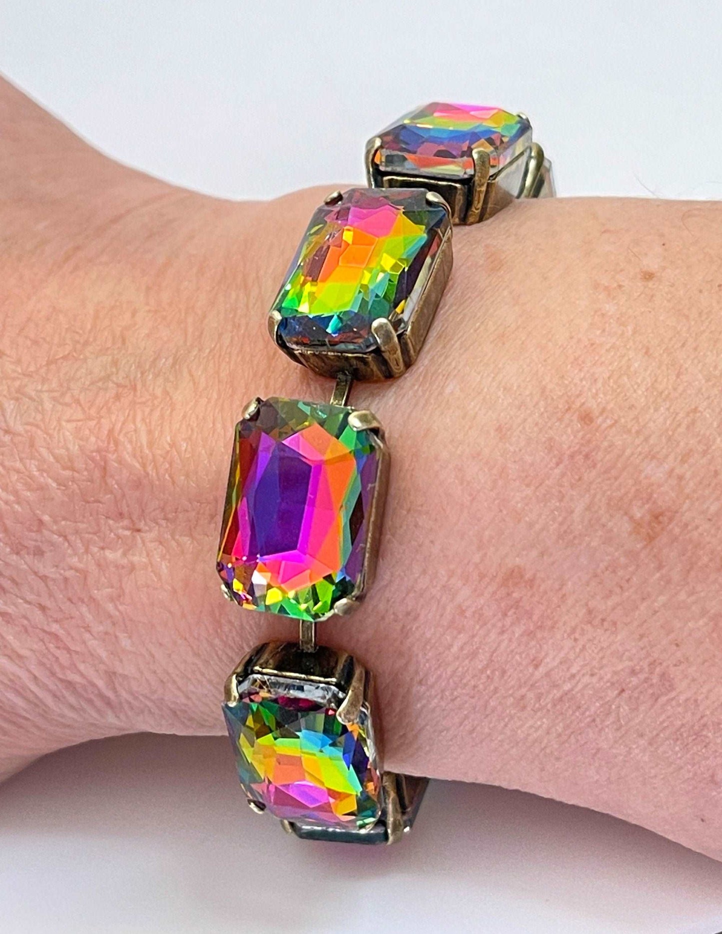 Rainbow Crystal Bracelet, Large Octagon Cuff, Multicolour Jewelry, Statement Jewellery, Georgian Style Bracelet, Bracelets for Women