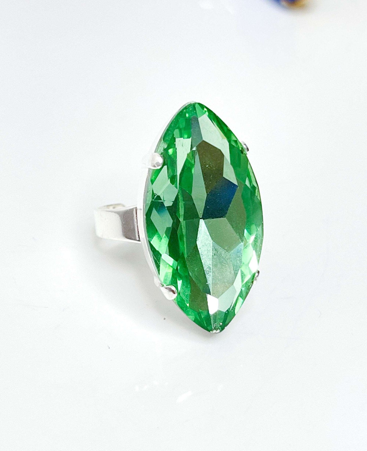 Mint Green Crystal Ring | Large Light Azure Statement Ring | Silver Plated
