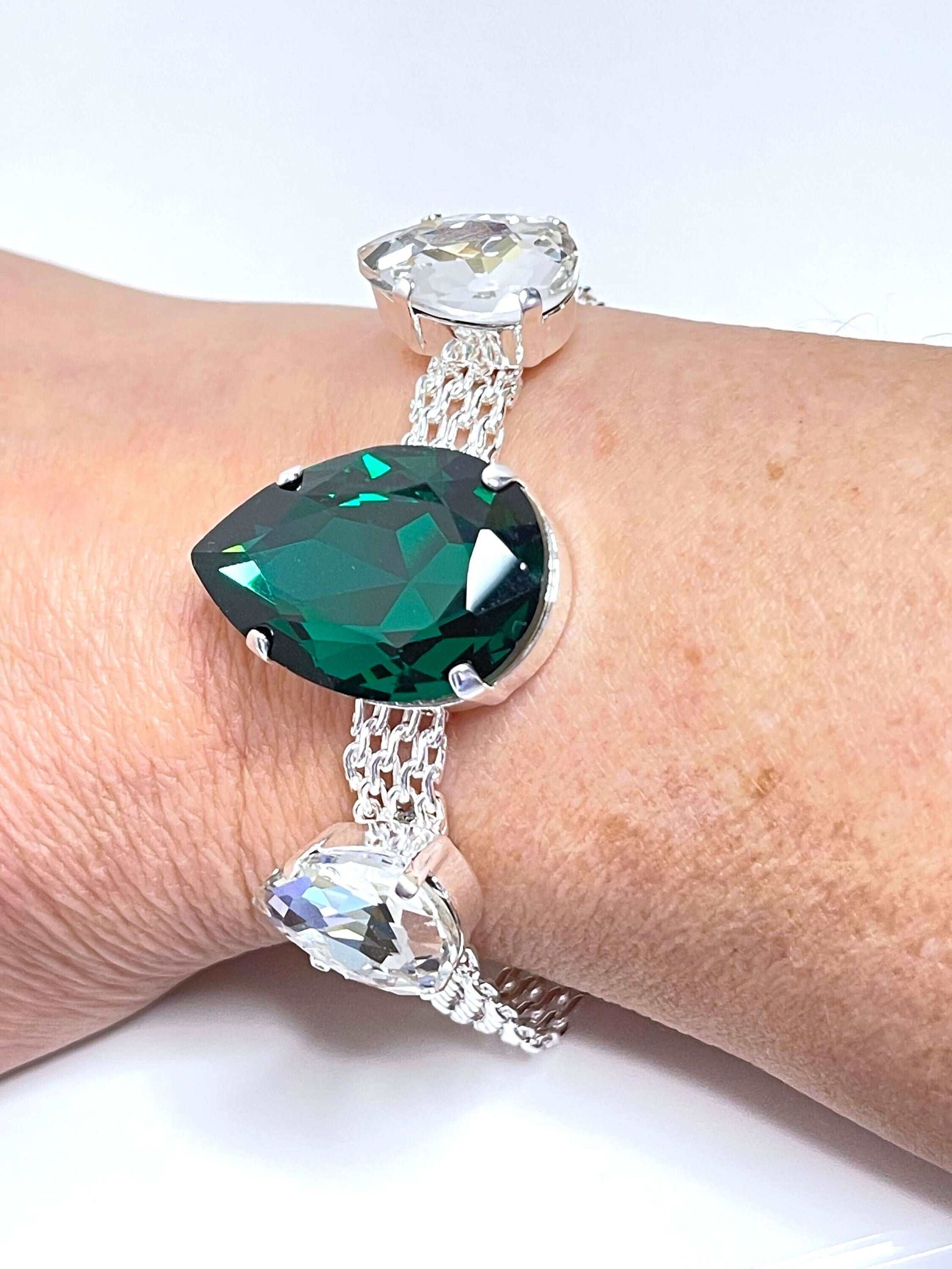 Emerald Crystal Silver Mesh Bracelet, Large Teardrop Cuff, Statement Jewellery, Georgian Style Bracelet, Bracelets for Women