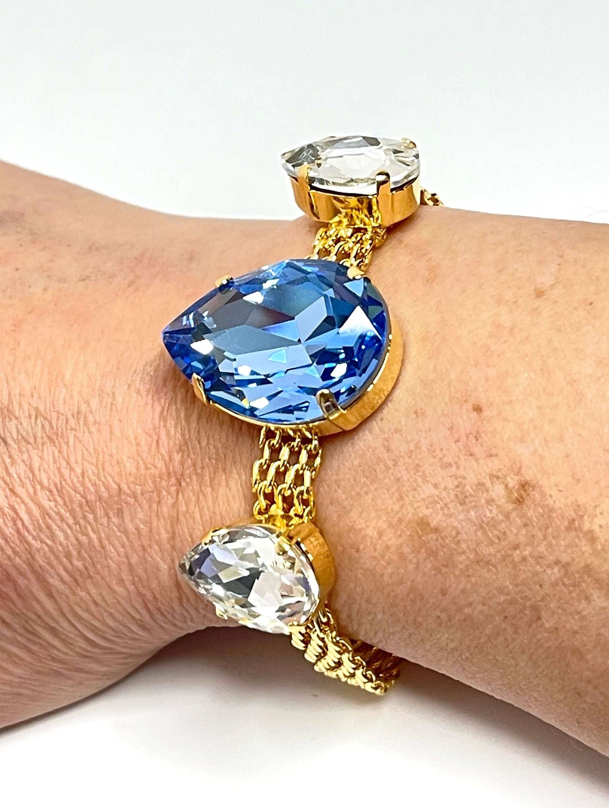 Light Sapphire Crystal Gold Mesh Bracelet, Large Teardrop Cuff, Statement Jewellery, Georgian Style Bracelet, Bracelets for Women