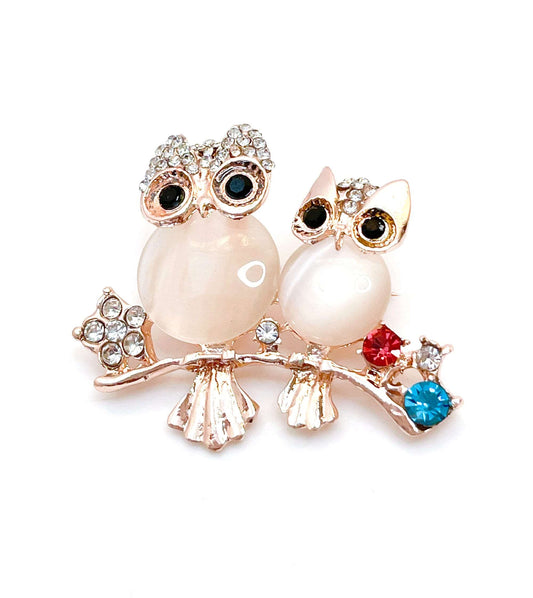 Cute Opal Owls Brooch | Mother and Baby Owl on a Branch