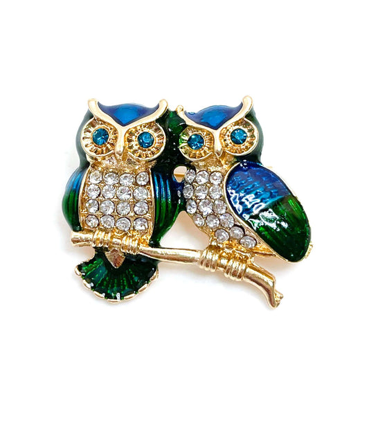 Cute Blue Green Owls Brooch, Two Crystal Owls on a Branch