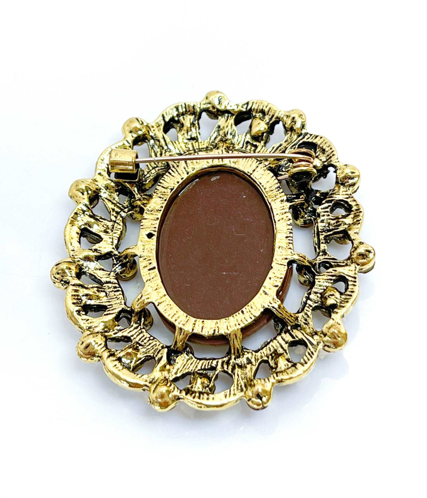 Antique Gold Crystal Cameo Brooch | Victorian Lady Pin