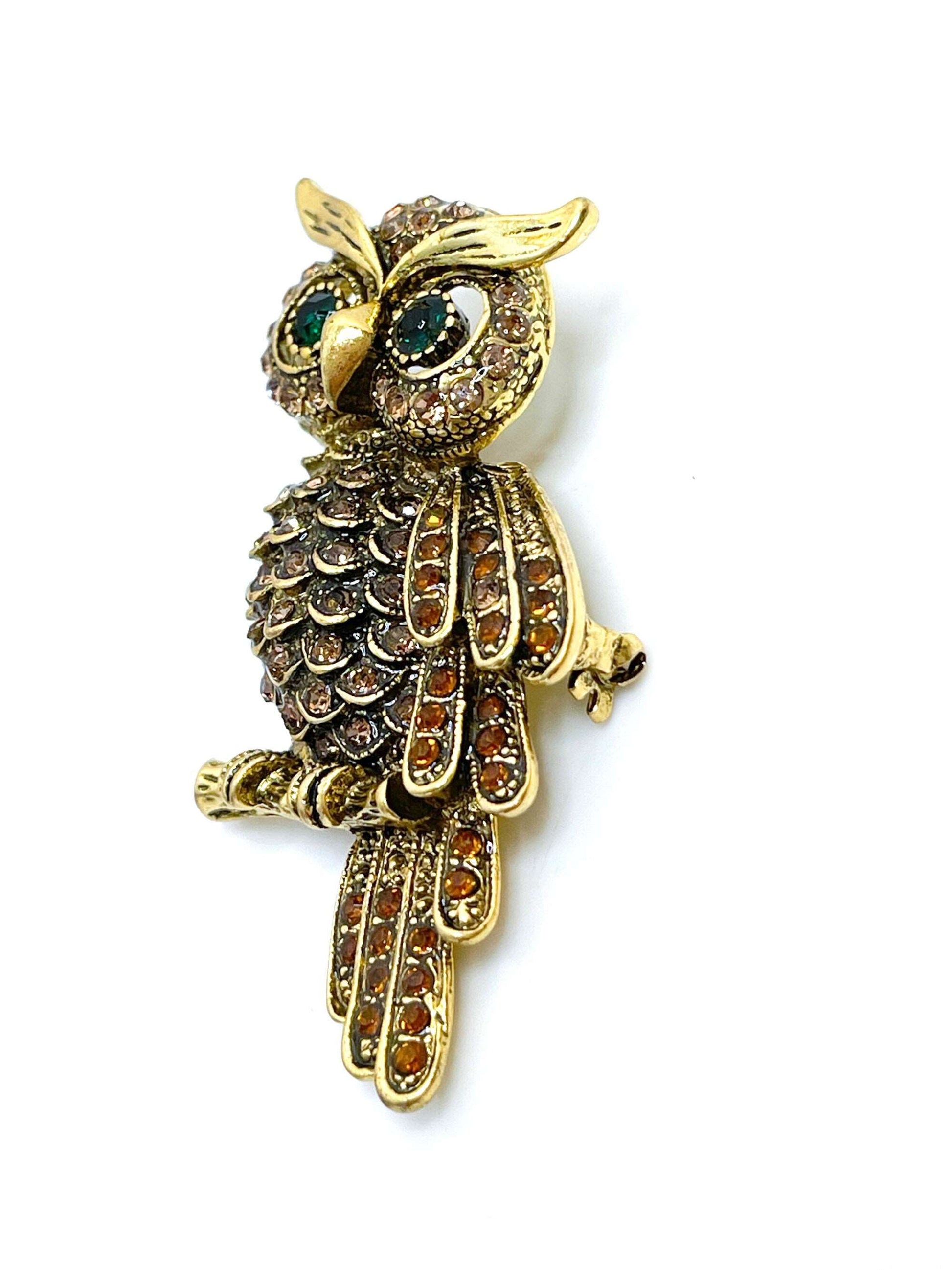 Antique Gold Vintage Owl Brooch | Rhinestone Crystal Pin | Owl Lovers Gift