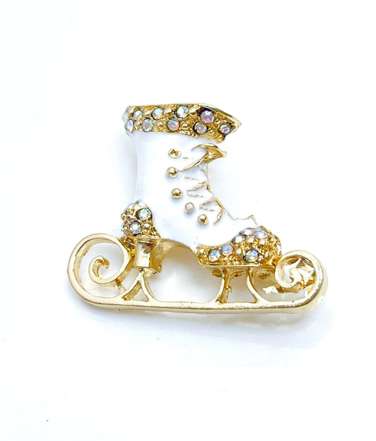 Lovely White Gold Ice Skate Brooch, Vintage Style Skate Boot, Crystal Jewelry, Ice Skating Lovers, Brooches For Women