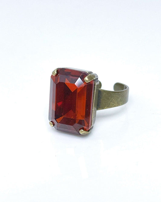Tangerine Crystal Ring, Large Burnt Orange Octagon Ring, Antique Brass, Georgian Collet, Rectangle Statement Rings For Women