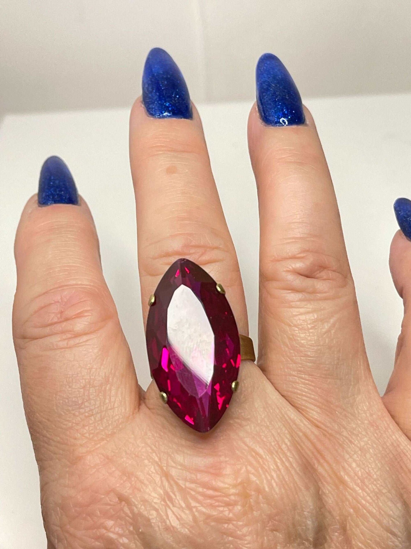 Fuchsia Pink Crystal Ring, Large Pink Statement Ring, Antique Brass, Georgian Collet, Vintage Style, Rings For Women, Violet Navette