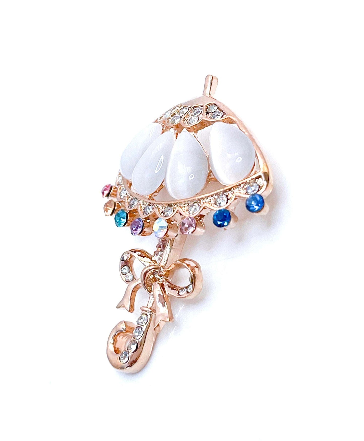Beautiful Faux Opal Umbrella Brooch, Fun Crystal Brolly Pin, Vintage Style Summer Brolly, Brooches For Women