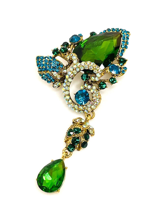 Extra Long Green Crystal Flower Brooch | Sparkly Green Crystal Water Drop Pin
