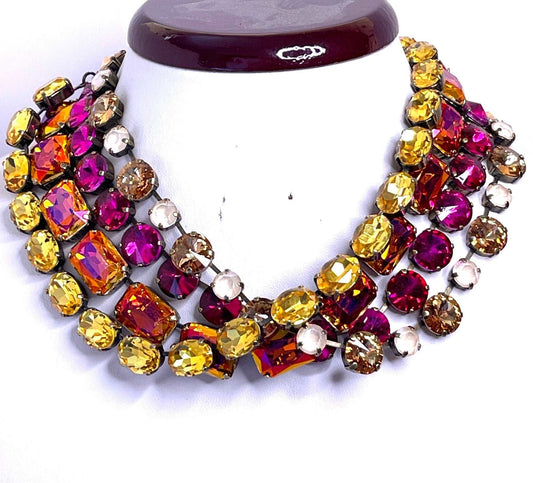 Multicolour Georgian Collet Necklaces, Burnt Orange Crystal Choker, Anna Wintour Style, Fuchsia Yellow Riviere Necklace, Necklaces for Women
