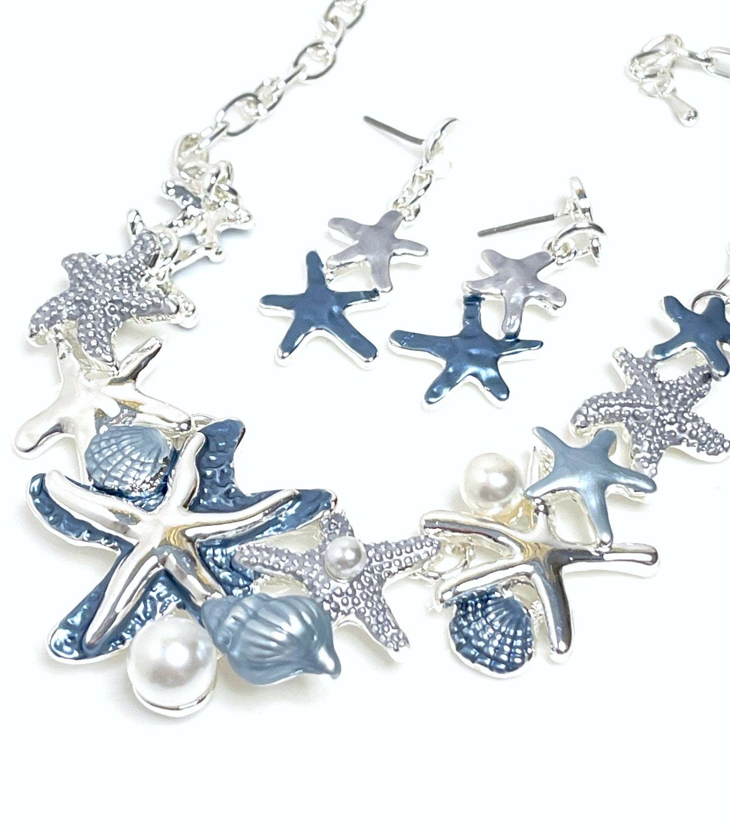Blue Ombre Starfish Necklace with Earrings Set, Sea Theme Jewelry, Modern Style Jewellery, Pastel Enamel Jewelry, Necklaces for Women