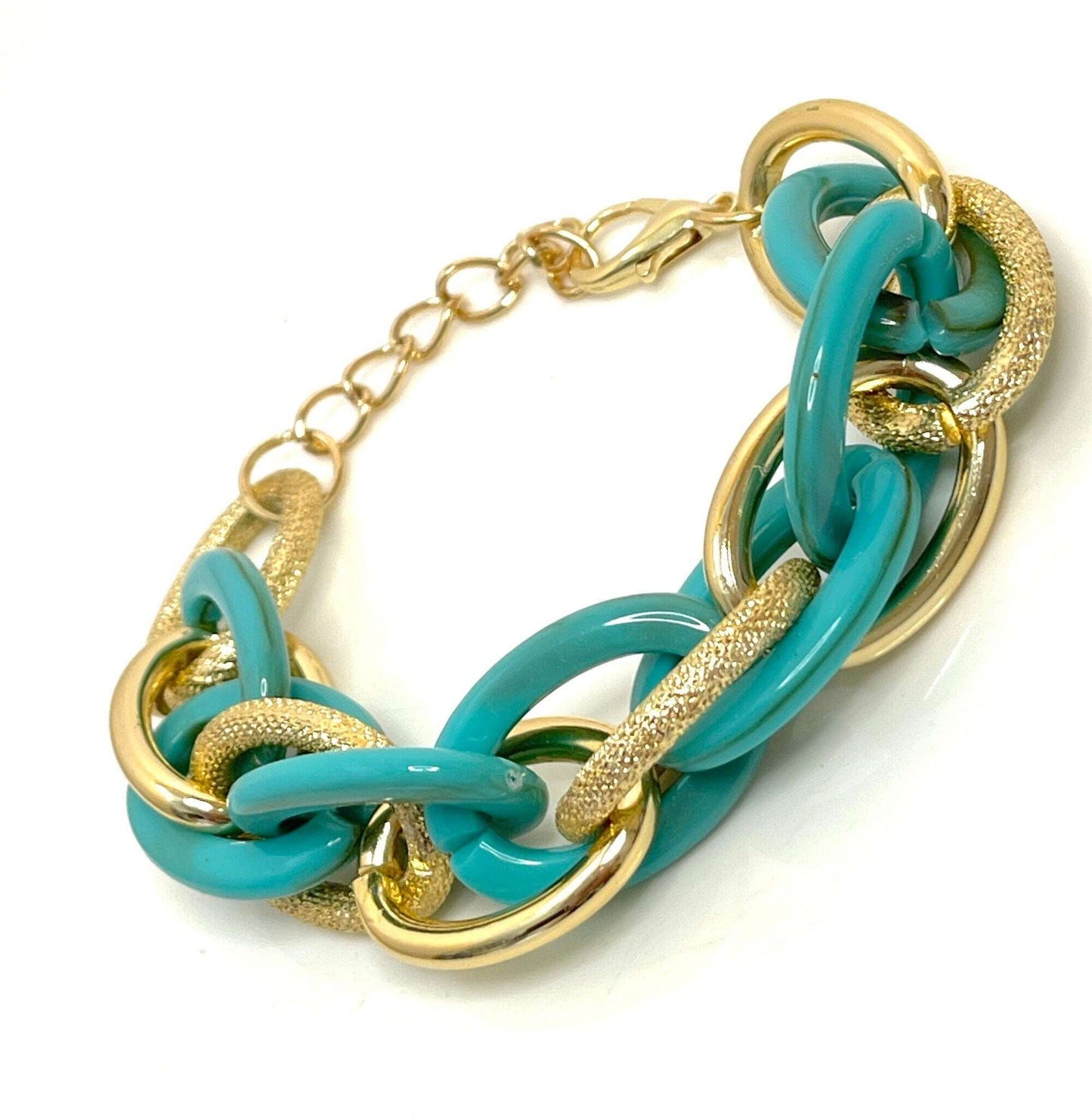 Chunky Chain Bracelet, Teal and Gold, Statement Bracelet, Textured Jewellery, Retro Acrylic Jewellery, Bracelets for Women