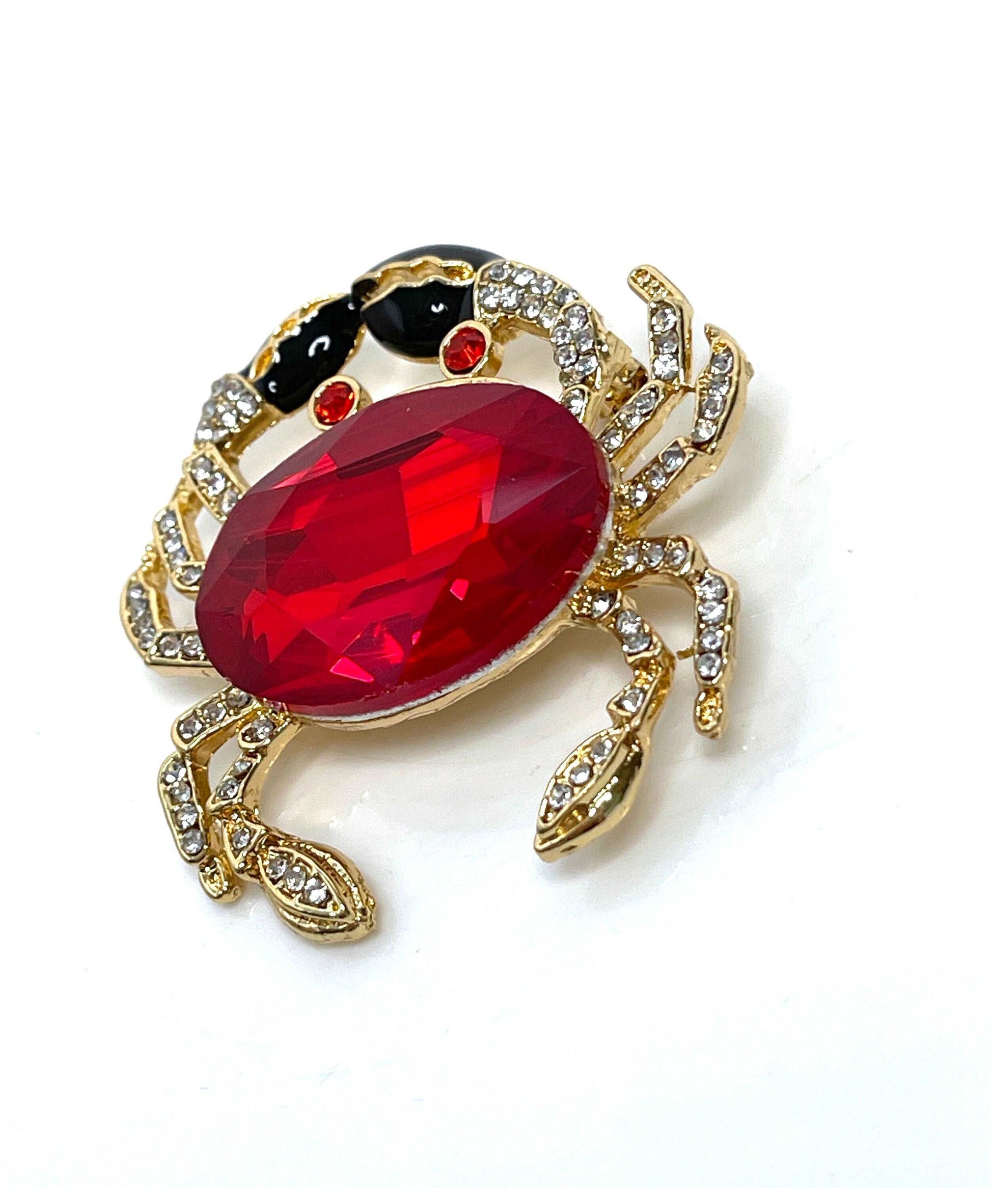 Gold Red Crystal Crab Brooch, Gift for Sea Lovers, Crab with Large Red Crystal, Nautical Jewellery, Brooches For Women