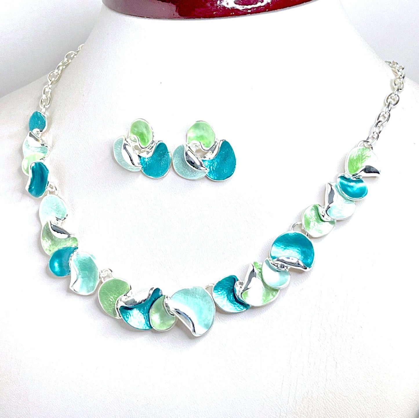 Blue Green Enamel Necklace Set, Modern Style Jewellery, Multicolour Heart Statement Jewelry, Necklaces for Women