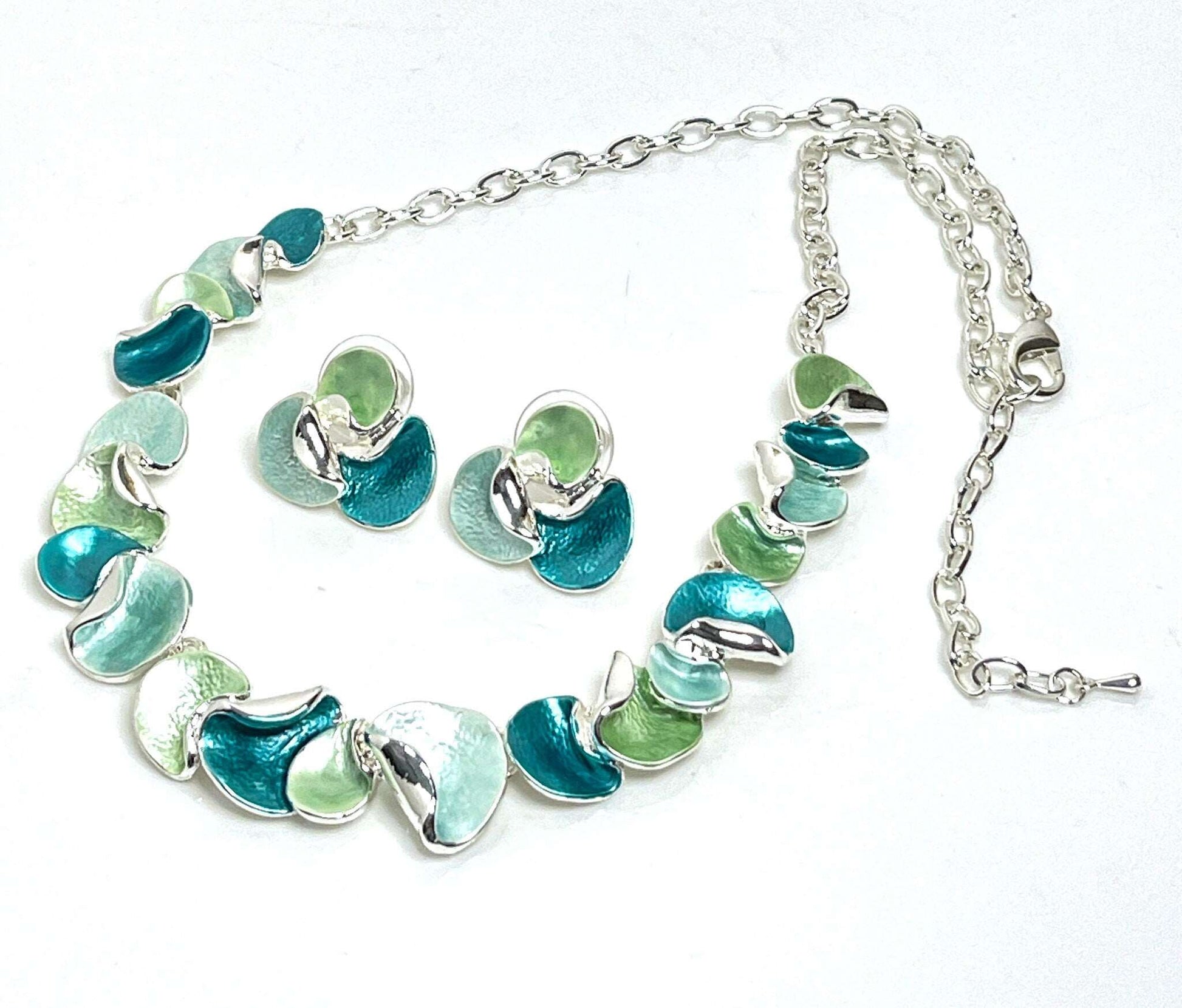 Blue Green Enamel Necklace Set, Modern Style Jewellery, Multicolour Heart Statement Jewelry, Necklaces for Women