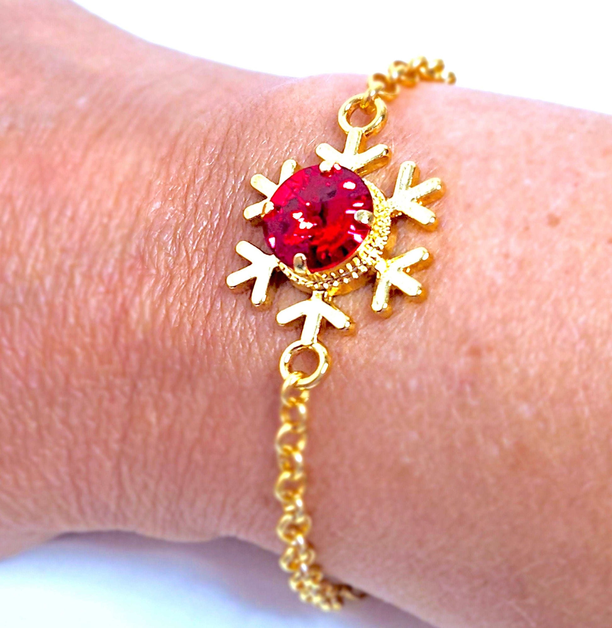 Snowflake Red Crystal Bracelet, Gold Plated, Austrian Crystal Chain Bracelet, Adjustable Length, Christmas Gift for Her, Bracelets for Women