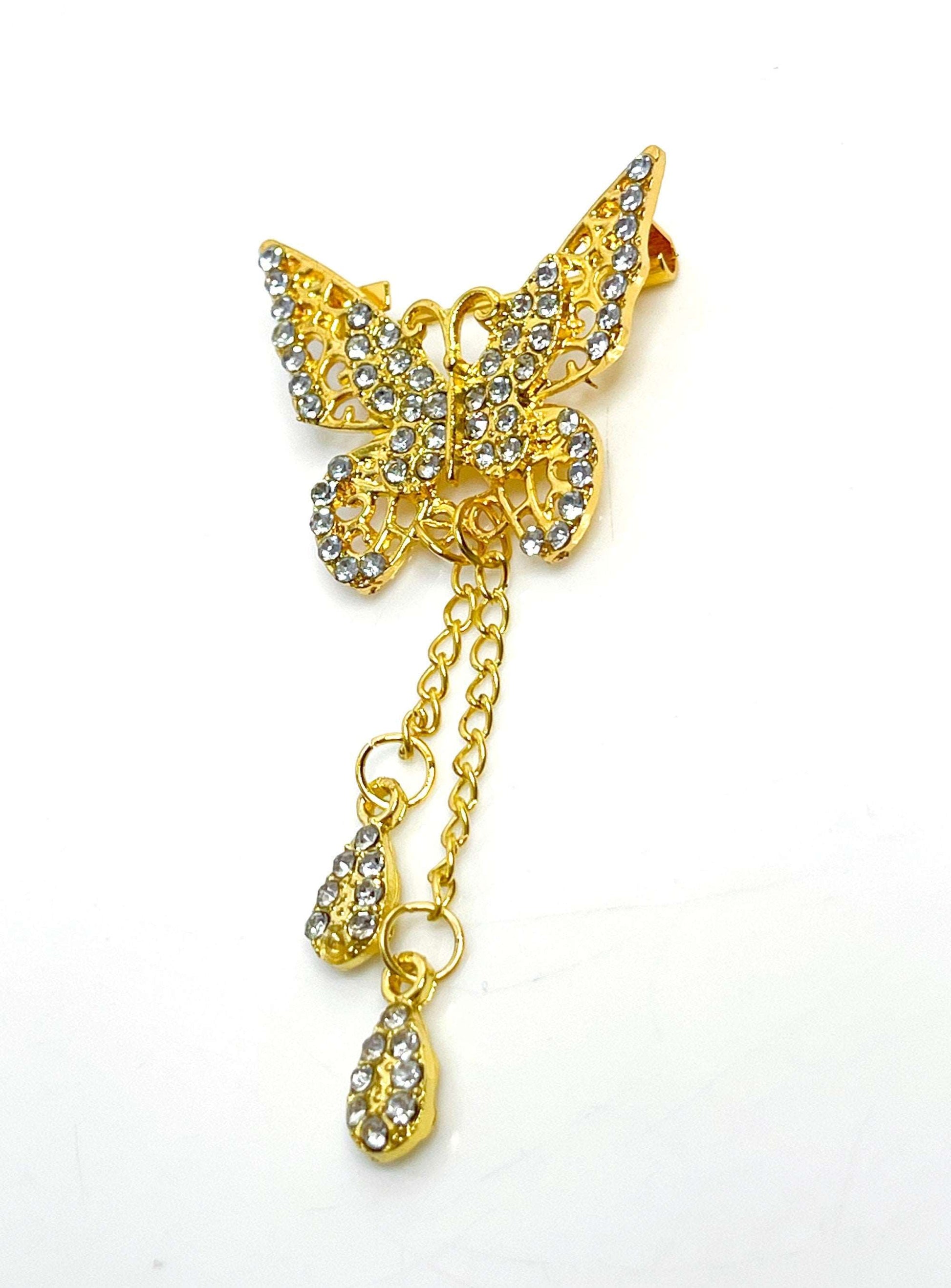 Gold Butterfly Tassel Brooch, Butterfly with Tassels, Crystal Gold Jacket Pin, Butterfly Lovers Pin, Brooches For Women